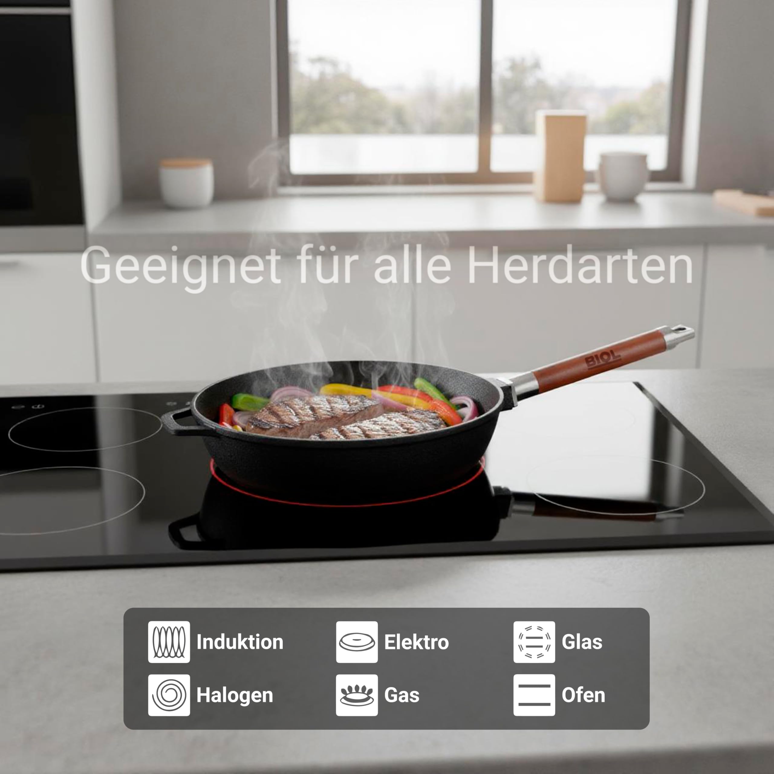 BIOL Sarten Hierro Fundido 28 cm - Sartén Antiadherente para Cocina Inducción, Mango de Madera Desmontable Ergonómico, sin Tapa, Apta para Gas, Vitrocerámica, Horno y Barbacoa, Cocina Saludable | Mango de madera desmontable, sin revestimiento, apto para h