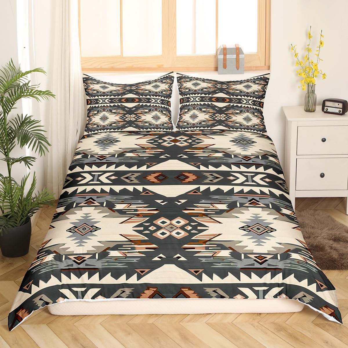 Loussiesd Grey Yellow Southwestern Bedding Set Double Size Geometric Comforter Cover Set Tribal Native American Design Western Decor Duvet Cover Stripe Line Quilt Cover