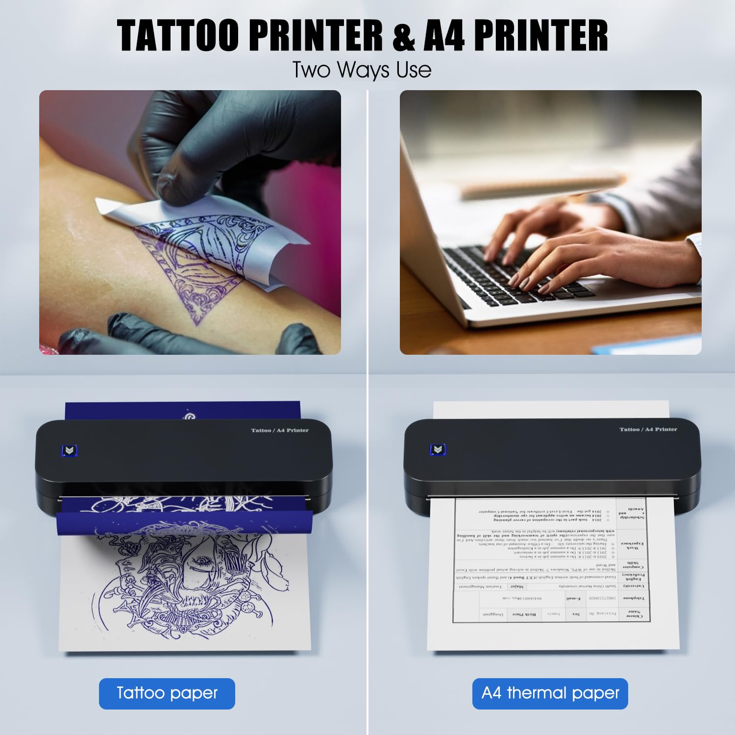 Imprimante Tatouage Bluetooth Thermocopieur avec 20 Feuilles de Papier A4 Machine d’Impression de Pochoir de Tatouage Professionnel Compatible avec IPad Téléphone et PC pour Débutants Tatoueur