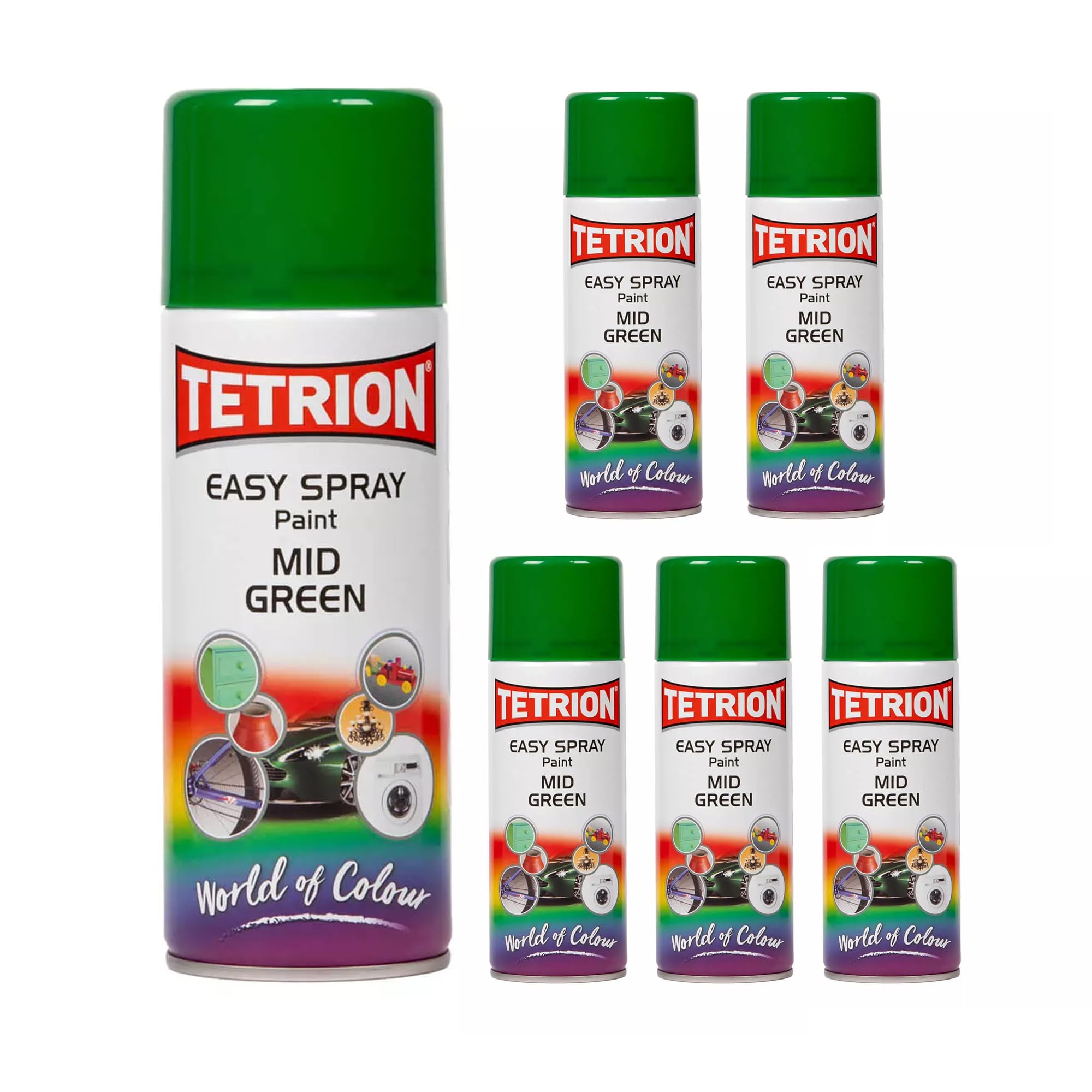 Tetrion Easy Spray Paint – Mid Green 400ml (Pack of 6) - All-Purpose Fast Drying Acrylic Spray for Wood, Metal, Plastic, Ceramic &amp; More, Smooth Base Coat - Indoor &amp; Outdoor Use, 13.5 Oz
