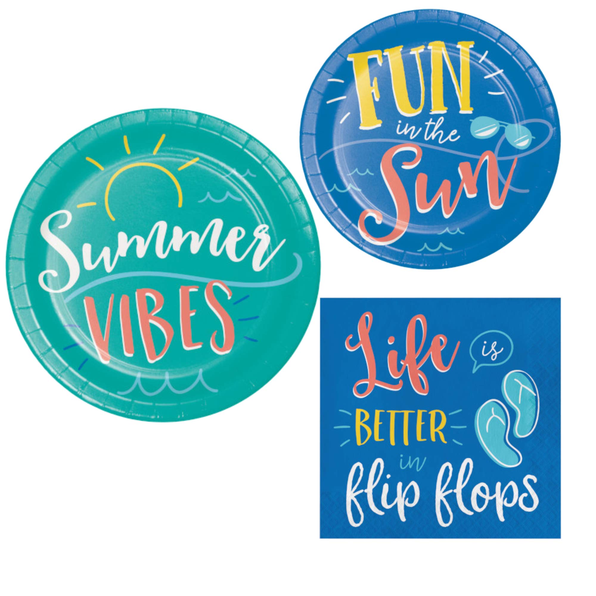 Fun Summer Themed Party Bundle | Paper Dinner and Dessert Plates and Lunch Napkins for 8 People | Birthday Party, Pool Party, Picnic, BBQ, Luau, | Summer Sayings Designs