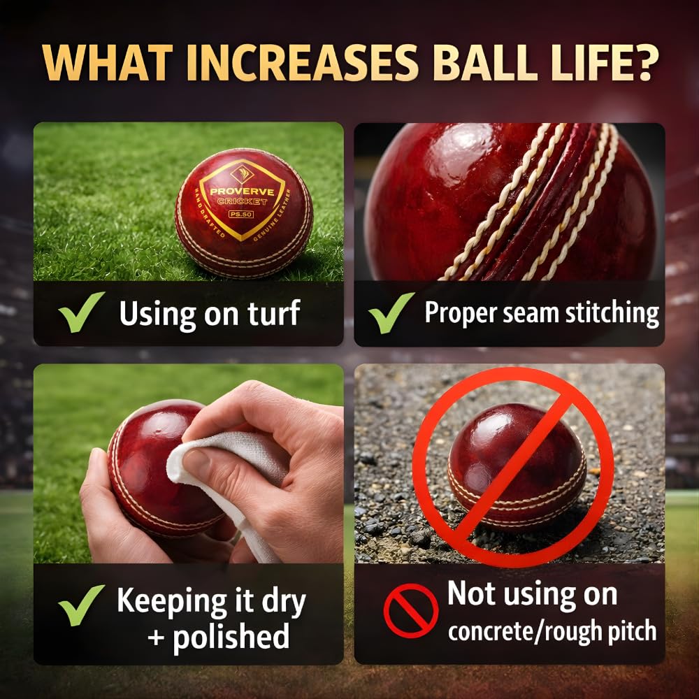 PROVERVE Premium Leather Ball for Cricket | Hand-Stitched Four-Piece | Water-Resistant, Durable & Swing-Optimized | Excellent Bounce with Strong Seam | Professional Tournament Ball (Red, Pack of 1) 2