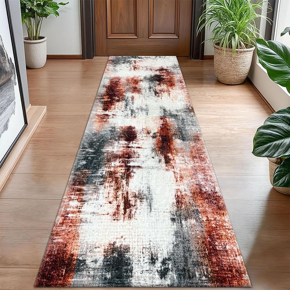 20" x 59" Modern Washable Laundry Room Runner Rug Abstract Hallway Kitchen Abstract Mat with Non-Slip Soft Low Pile Organization Decor Carpet for Bedroom(Wine red/Gray, 1'8" x 4'11" (Rectangular))
