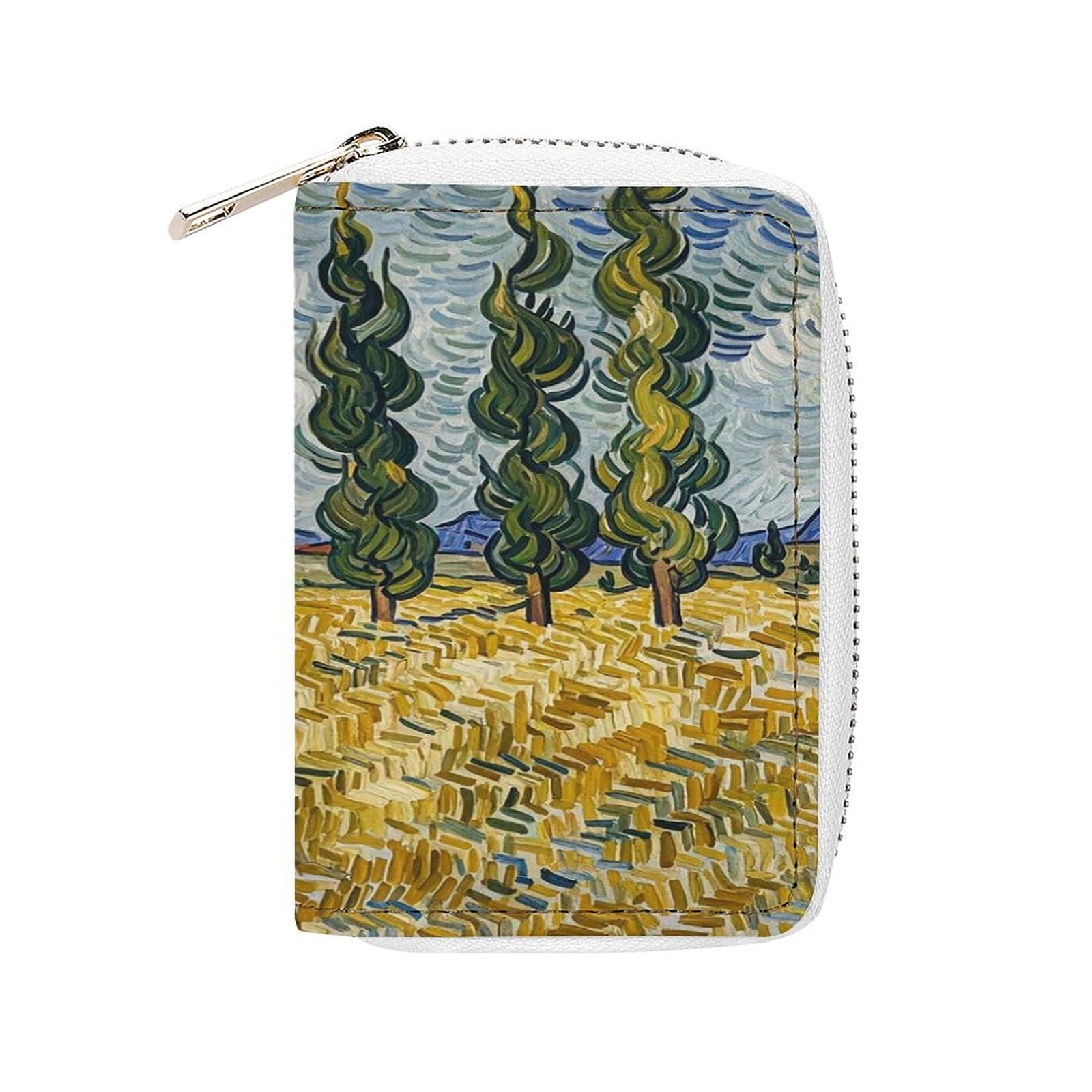 Leather Card Organizer Case Card Wallet Credit Card Holder Wheat Fields And Cypress Trees Printed Zipper Card Cases
