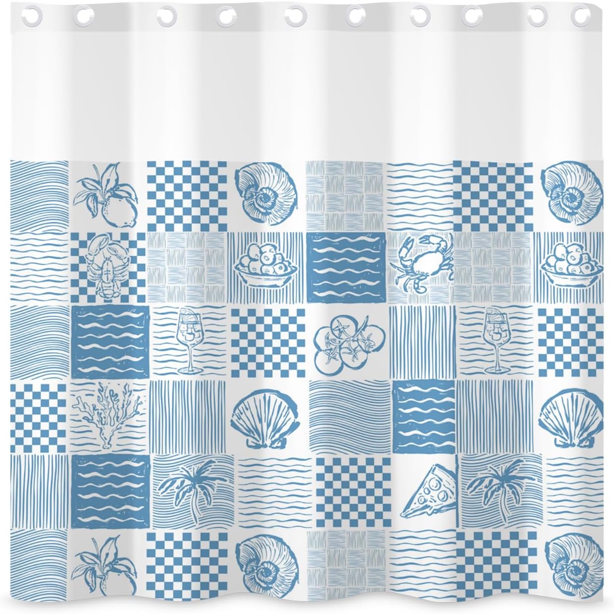 71x71 Inch Without Hook Ocean Shower Curtain and Liner Set Crab Shell Conch Light Blue Coastal Snap in Shower Curtains for Bathroom Sea Beach Holiday Tropical Simple Sketch Bathroom Set