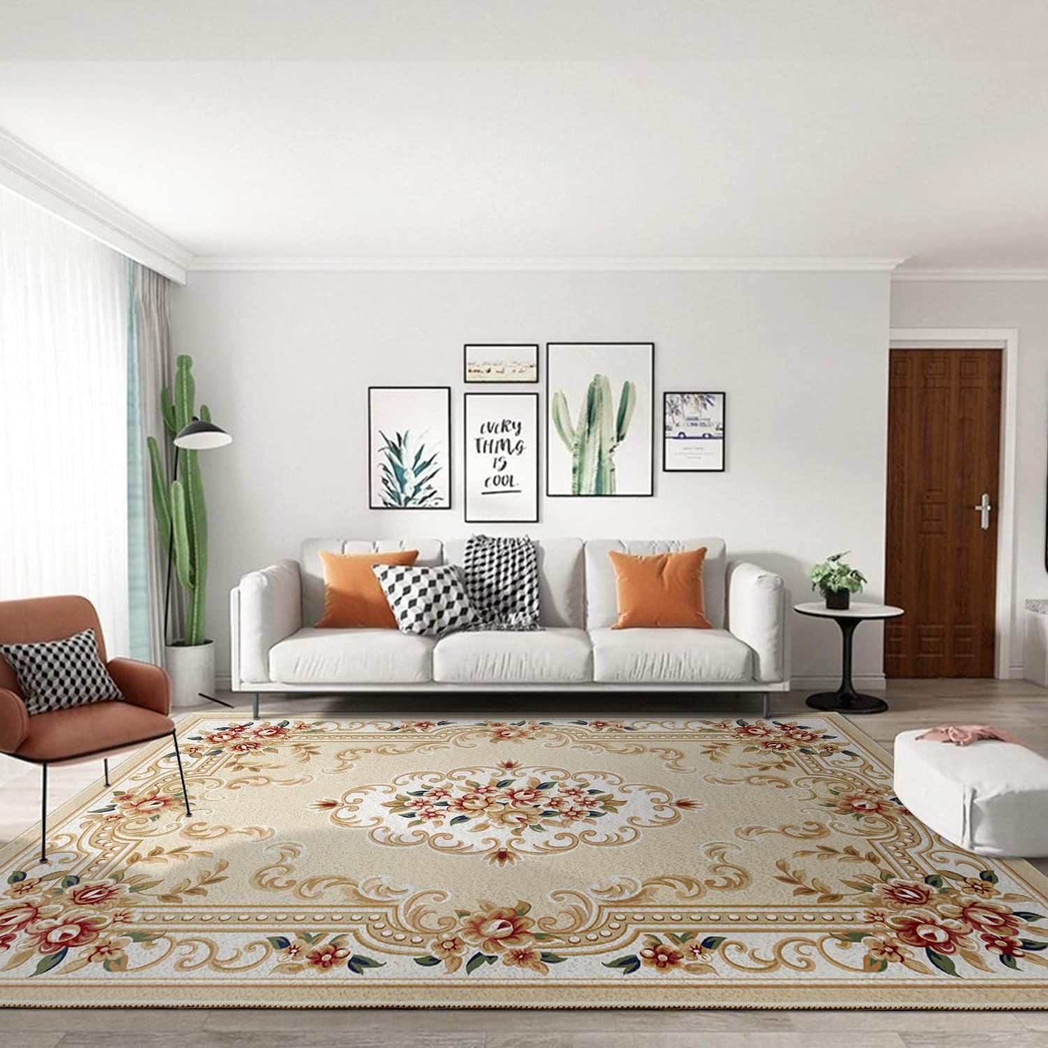 Enkor Vintage Floral Area Rug 5x7 Washable Non Slip Farmhouse Flower Rugs for Living Room, Bedroom, Kids Room Red
