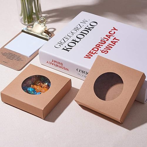 Miniatura 8 de BENECREAT Paquete de 24 cajas de papel kraft cuadradas marrón con ventana redonda transparente de 3 x 3 x 1.2 pulgadas para jabón casero, recuerdo