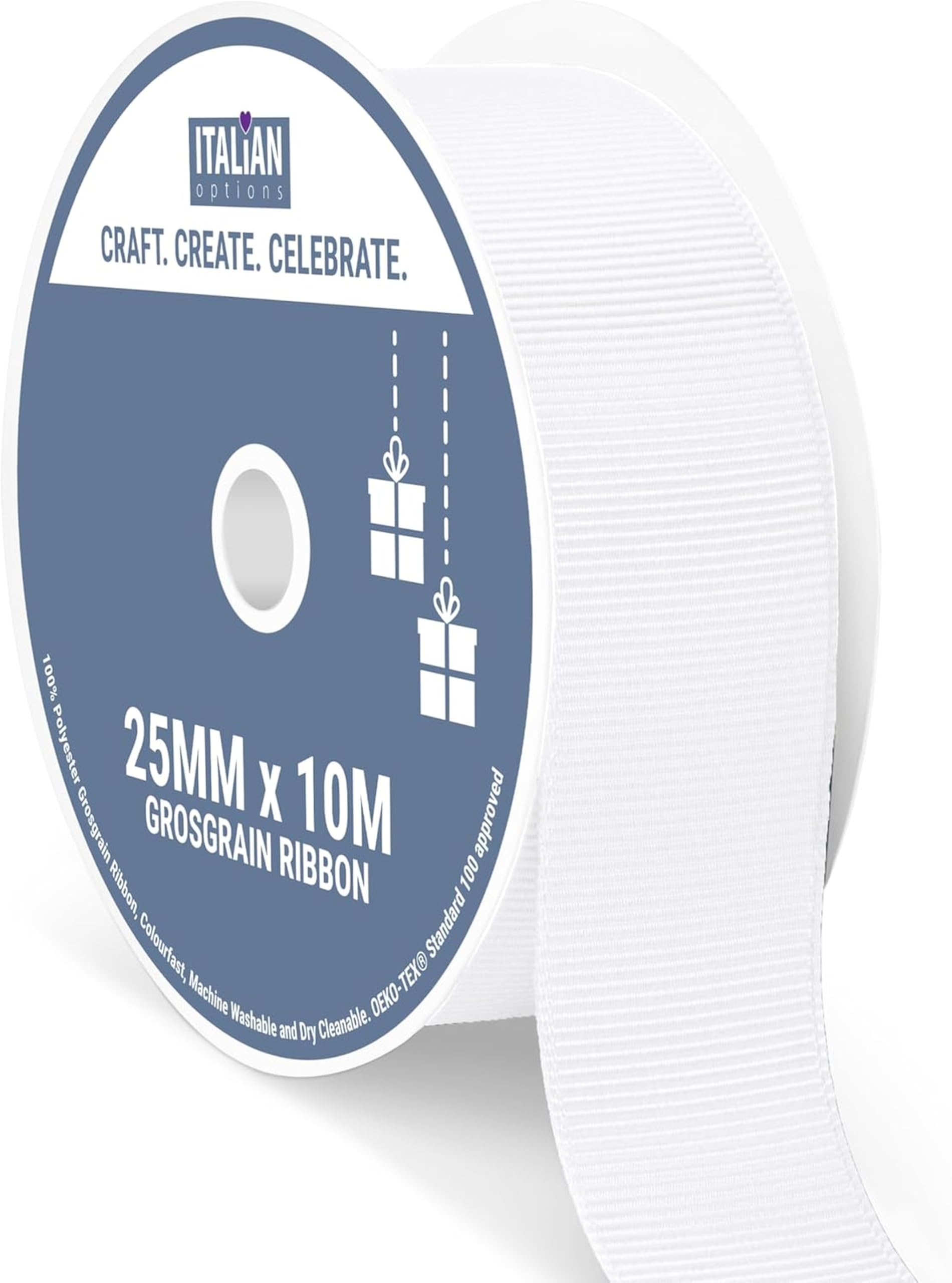 Italian Options Grosgrain Ribbon 25mm, Strong Plain White Ribbon for Bows, Wedding, Crafting, Sewing, Hair Accessories, Gift Wrap, 25 mm x 10 Metre Roll, White