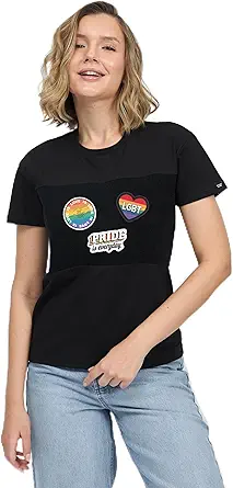Black Velcro Patch Shirt for Women - S with LGBT Sticker Set, Customizable Velcro Patch Area for Equality and Pride