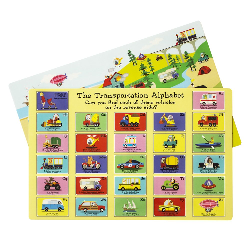 JP DOoDLES Transportation Placemat for Children, Reversible, Alphabet Learning, Search and find Game