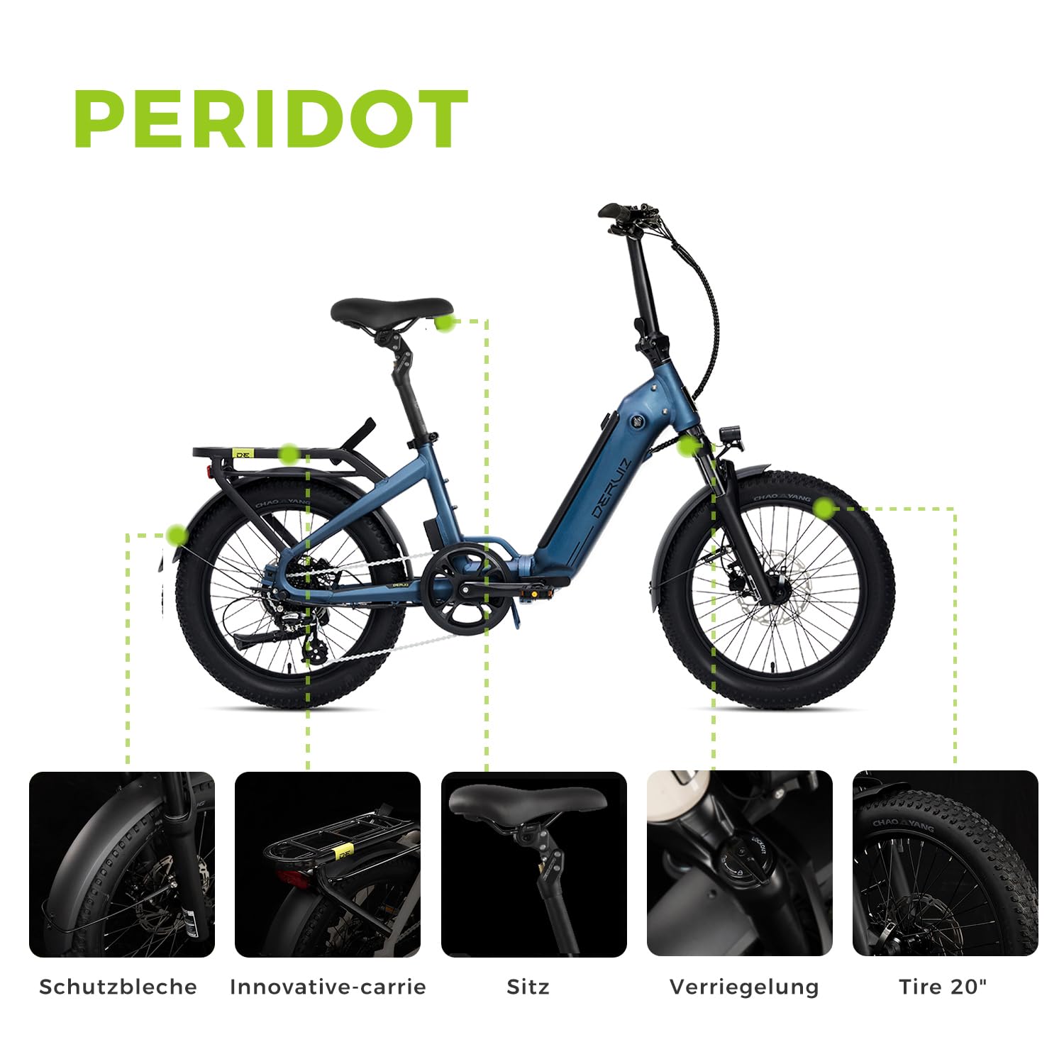 DERUIZ E Bike Peridot 2.0 Gen.E Bike Herren Klapprad Elektrofahrrad 20 * 3.0-Inch Ebikes 48V 500Wh Akku 8-Gang,Hydraulische Bremsen,Faltbares Pedelec-150 KM