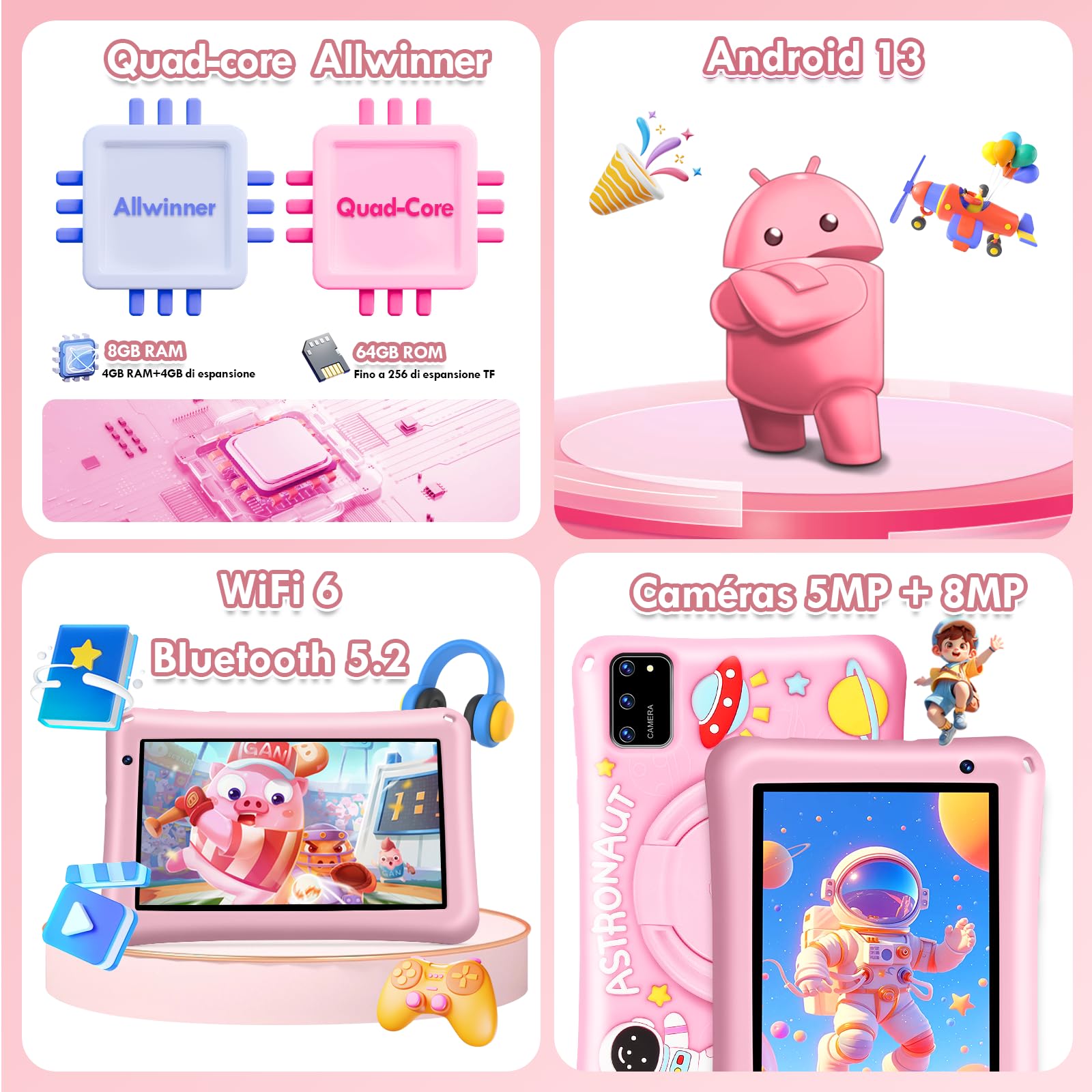 Tablet Bambini 7 Pollici Android 13 Octa Core 8GB RAM 64GB ROM Espandibile 256GB Schermo IPS Controllo Parentale Custodia Antiurto Rosa