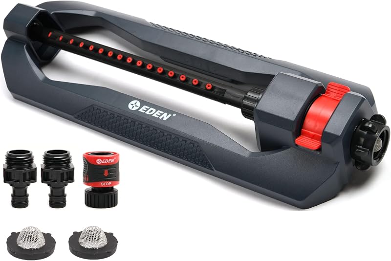 Eden 96213 Weighted Essential Oscillating Sprinkler | Covers Up to 3,600 sq. ft., 16 Precision Nozzles, Adjustable Range, Turbo Drive Motor, Quick Connect Bundle, Stainless Steel Filters, Black