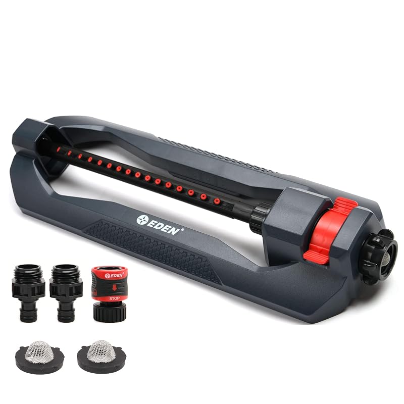 Eden 96213 Weighted Essential Oscillating Sprinkler | Covers Up to 3,600 sq. ft., 16 Precision Nozzles, Adjustable Range, Turbo Drive Motor, Quick Connect Bundle, Stainless Steel Filters, Black 16 Noz