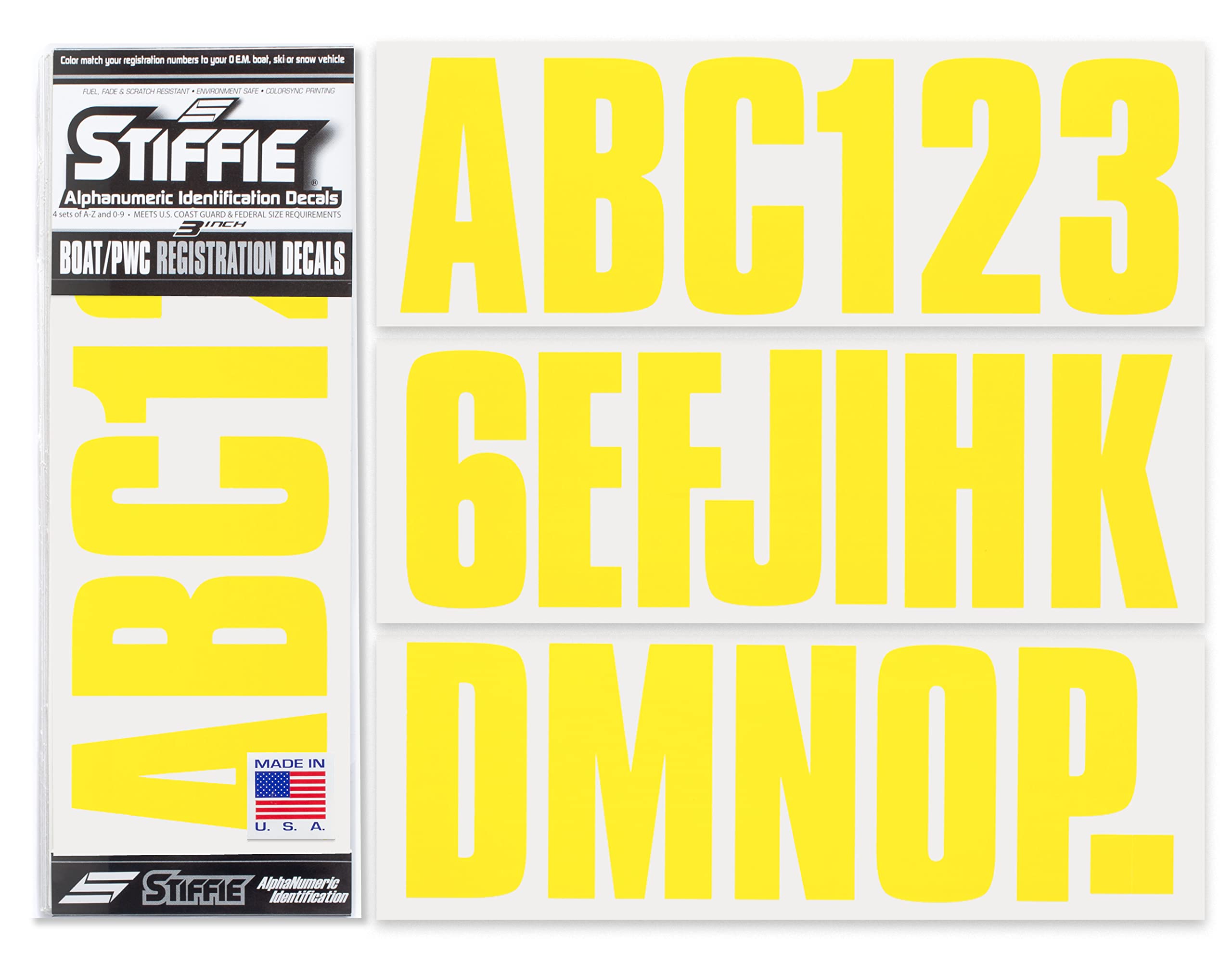 Stiffie Uniline Electric Yellow 3" ID Kit Alpha-Numeric Registration Identification Numbers Stickers Decals for Boats & Personal Watercraft