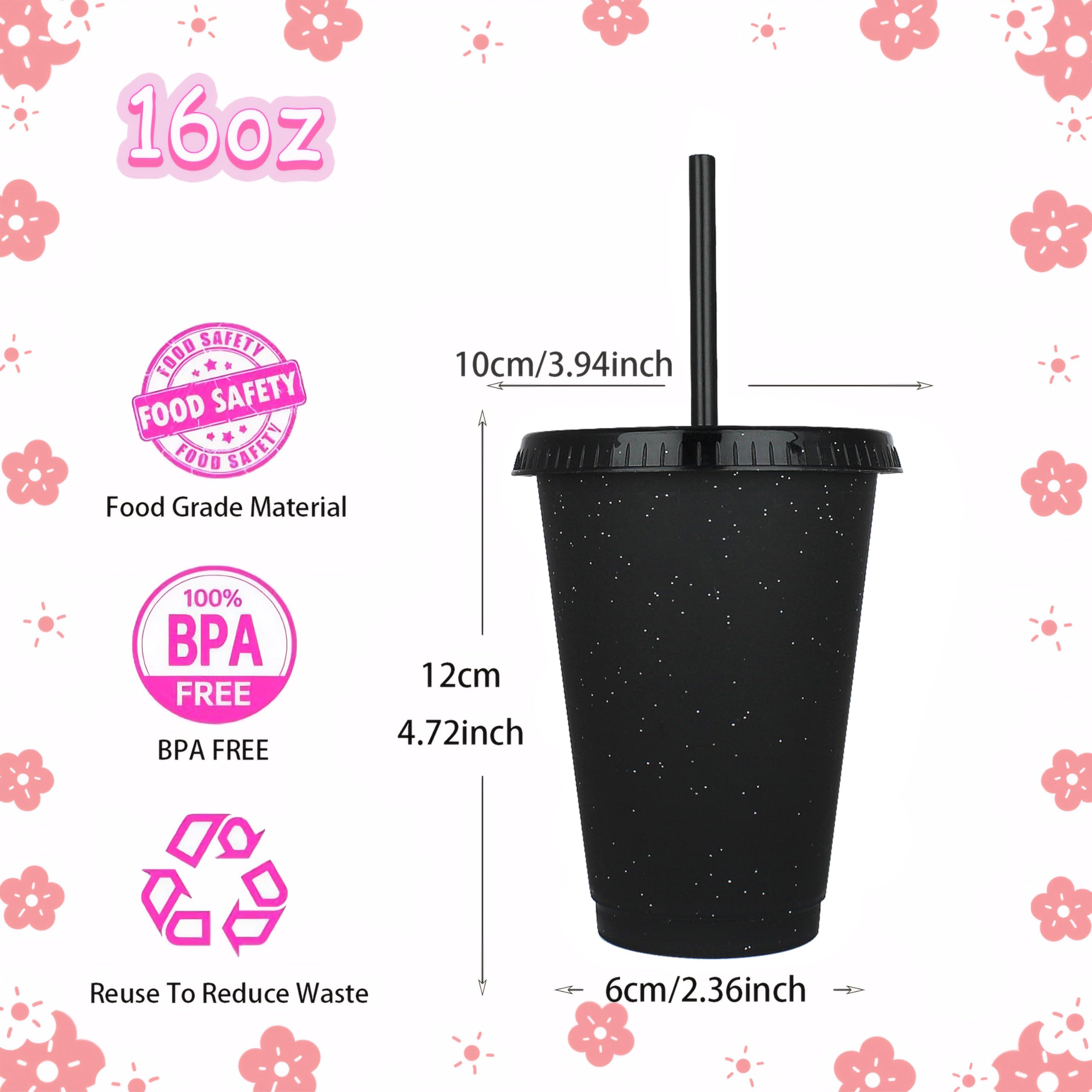 Yisituo 480ml Reusable Plastic Cups, 15 Pack of Kids Tumbler with Lid and Straw, for Cold Drinks Iced Coffee - Image 2