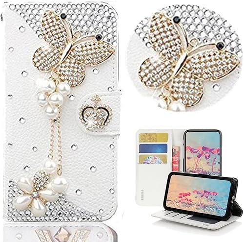 STENES Funda para Huawei Mate 10 - Elegante - 3D hecha a mano Bling Crystal Butterfly Pearl Colgante Billetera Ranuras para tarjetas de crédito