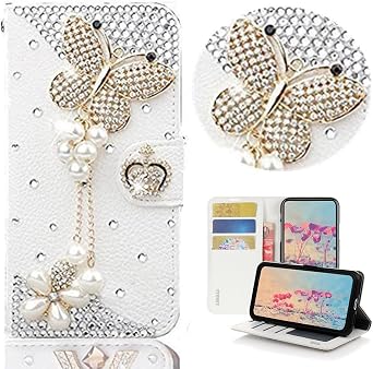 Bling Wallet Case Compatible with Galaxy J6 Plus - Stylish - 3D Handmade Crystal Butterfly Pearl Pendant Magnetic Wallet Leather Cover Compatible with Samsung Galaxy J6 Plus - White