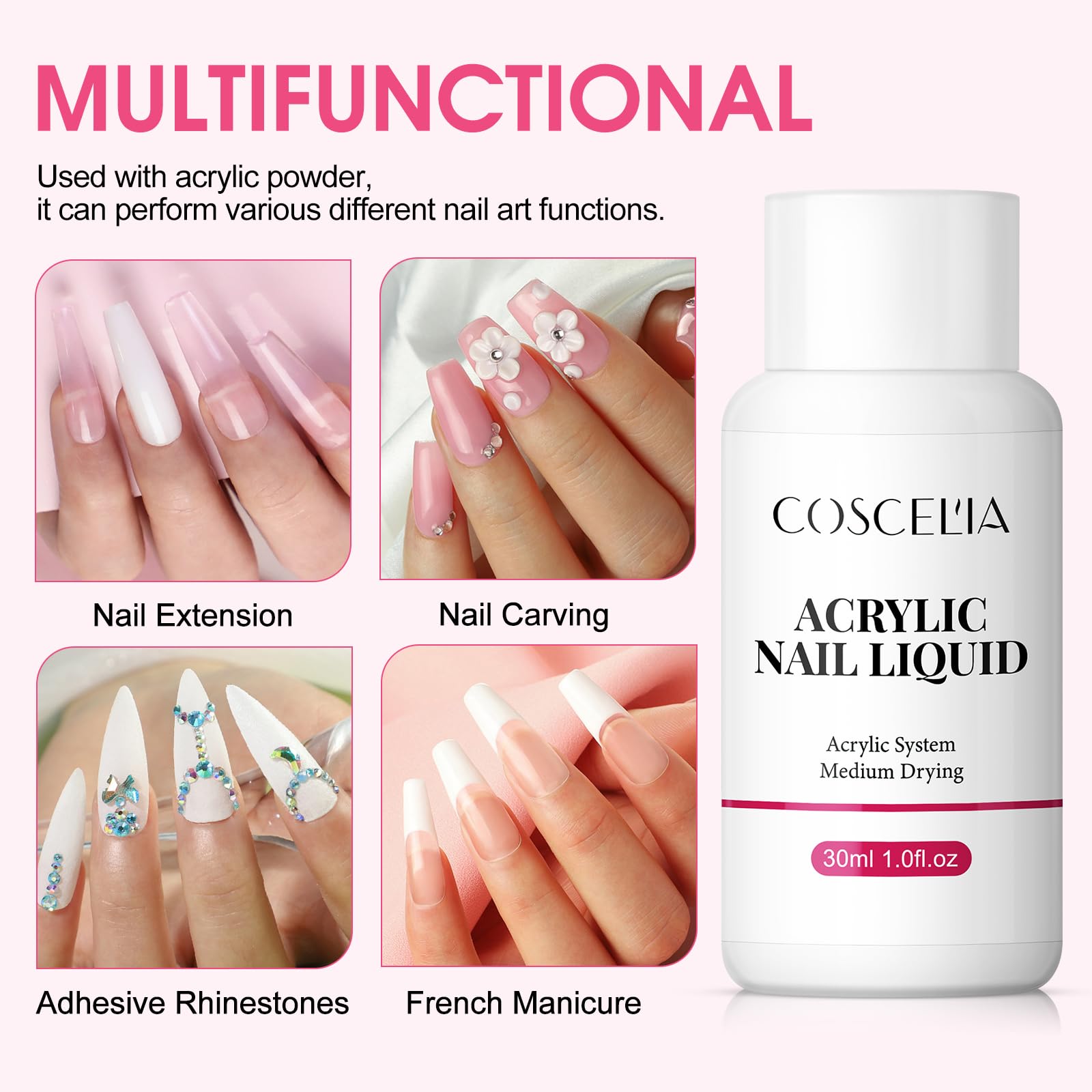 COSCELIA Kit Vernis à Ongles Complet, 3Pcs Poudre Acrylique pour Ongles et 30ml Liquide Acrylique avec des Accessoires, Kit Cadeau Noël pour Femme Kit de Démarrage Ongles Résine