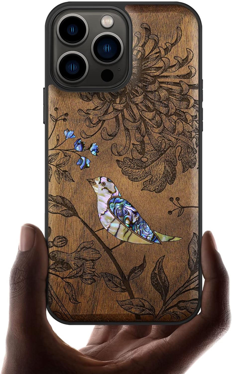 Carveit Designer Wooden Protective Case for iPhone 13 Pro Max Magnetic Cover [Wood Engraving & Shell Inlay] Compatible with 13 Pro Max MagSafe (Flowers and Bird-Cherry)