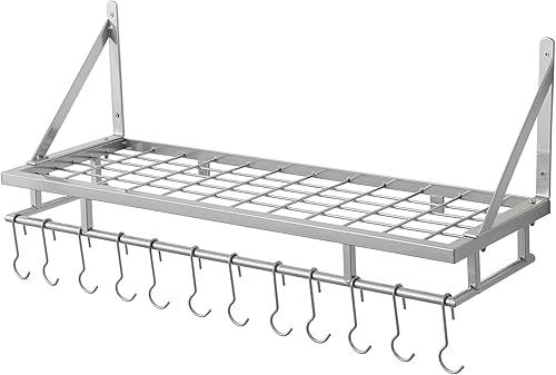 Miniatura 8 de KES KUR215S75A-SG - Estante para ollas y sartenes de 30 pulgadas, para colgar en la pared, con 12 ganchos resistentes, estantes modernos para colgar