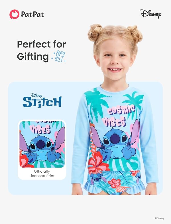 Disney Lilo & Stitch Two Piece Tankini Swimsuit Girl Long Sleeve Rashguard Bathing Suit Set UPF 50+ Beach Pool Swimwear Holiday Little Child Blue Size 6-7 Years by Disney - Used condition - Image 2