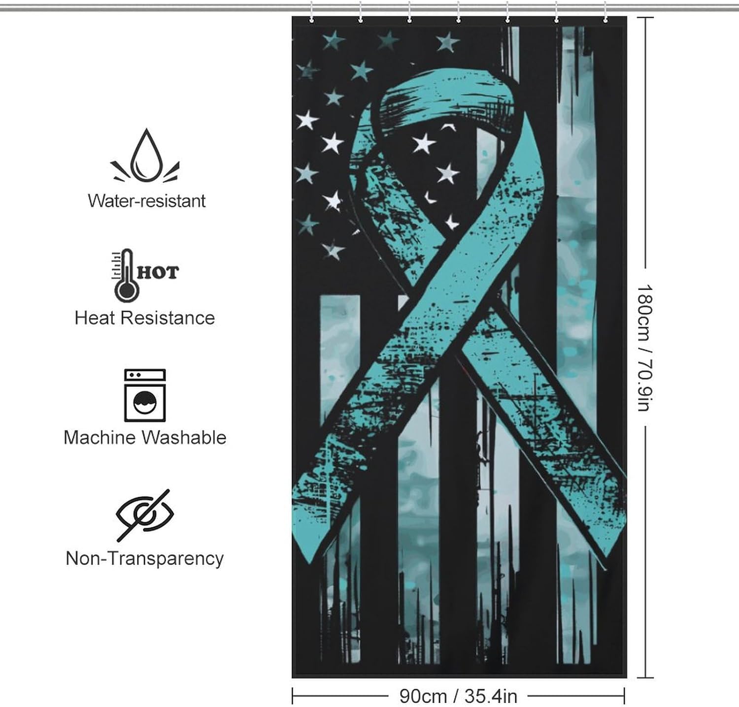Ovarian Cancer U.S. Flag Funny Shower Curtains Washable Bath Curtain Liner with Hooks for Bathroom Bath Tubs 36x72Inch（92x183cm）