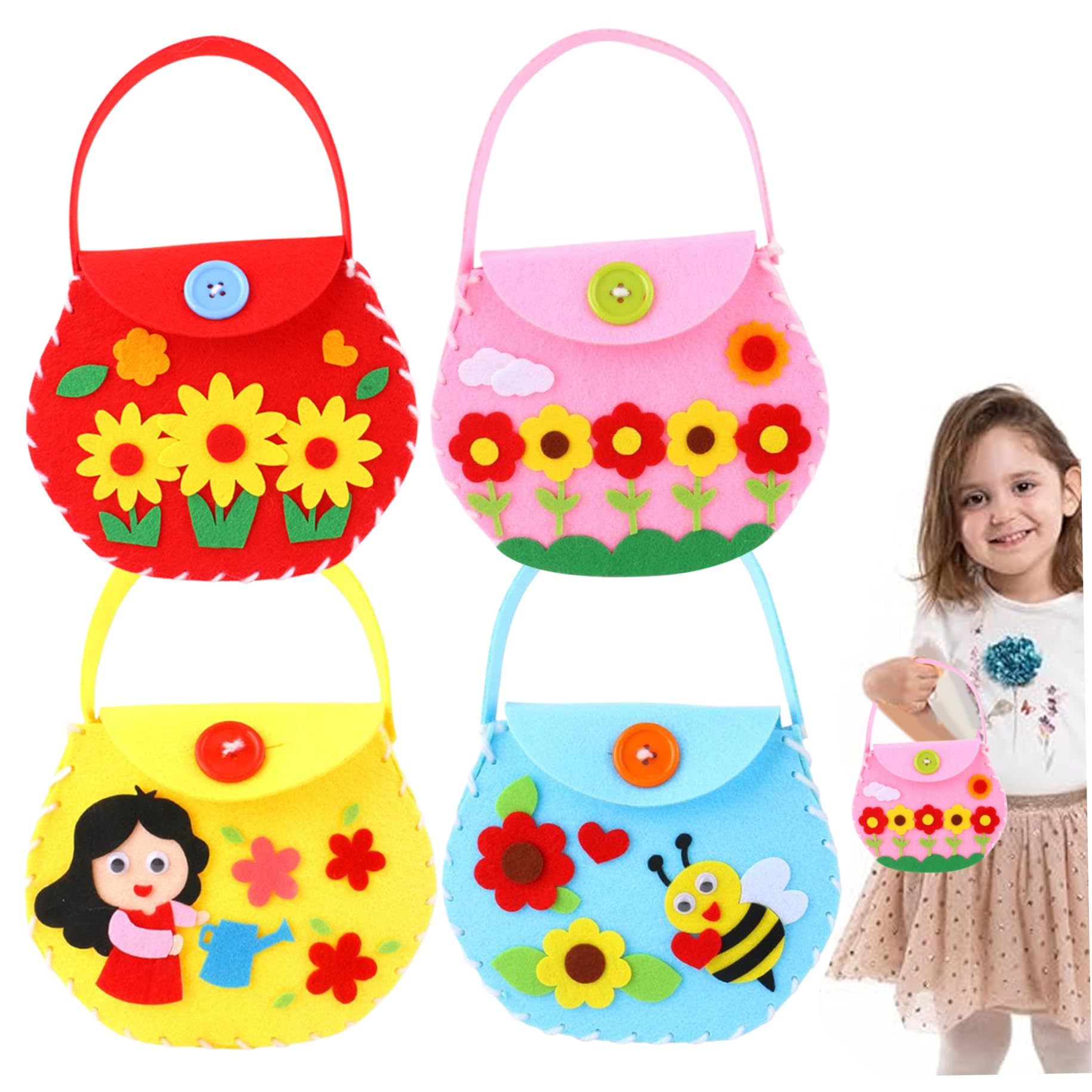 Kit da cucito, Kit da cucito per bambini, 4 pezzi di borsetta carina in feltro 4 diverse borse divertenti per bambini artigianali fai-da-te Aiuta a sviluppare abilità motorie per principianti per l'u