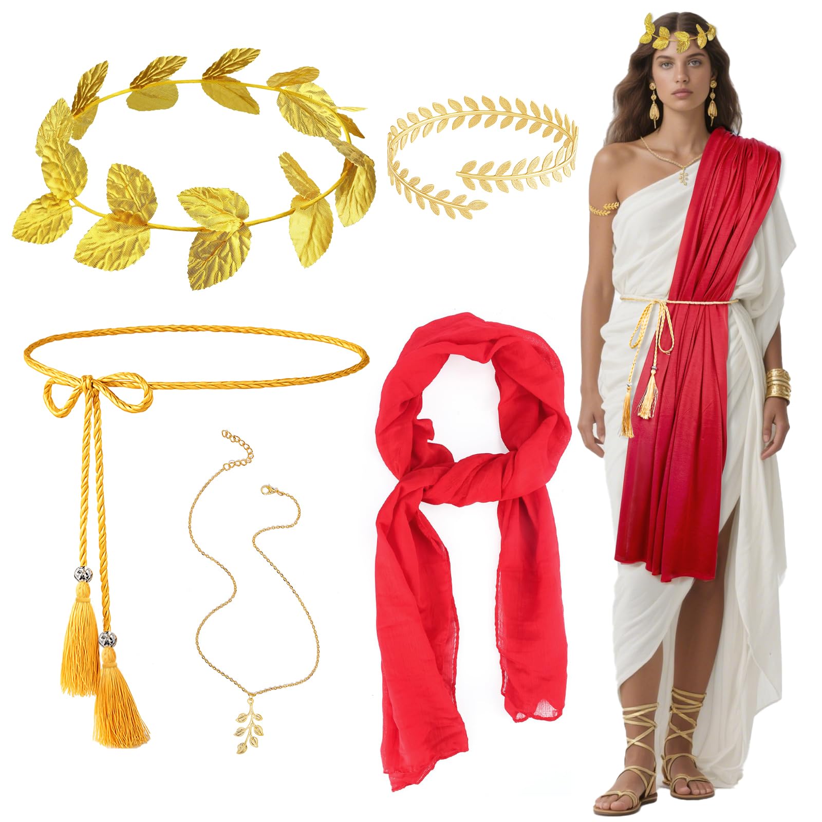 5 Pcs Greek Goddess Costume Accessories Set for Women Girls, Ancient Roman Toga Fancy Dress with Belt Red Sash Golden Leaf Headpiece Bracelet Necklace for Party Bridal Wedding Halloween (Red)