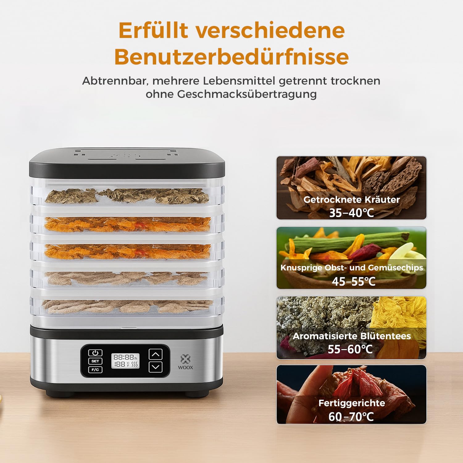 WOOX Dörrautomat, Dörrgerät mit Temperaturregler, 240W, 35-75°C, 72h-Timer, 5 Einlegefächer, Dörrautomat Edelstahl für Fleisch, Obst, Gemüse, Dehydrator - BPA frei