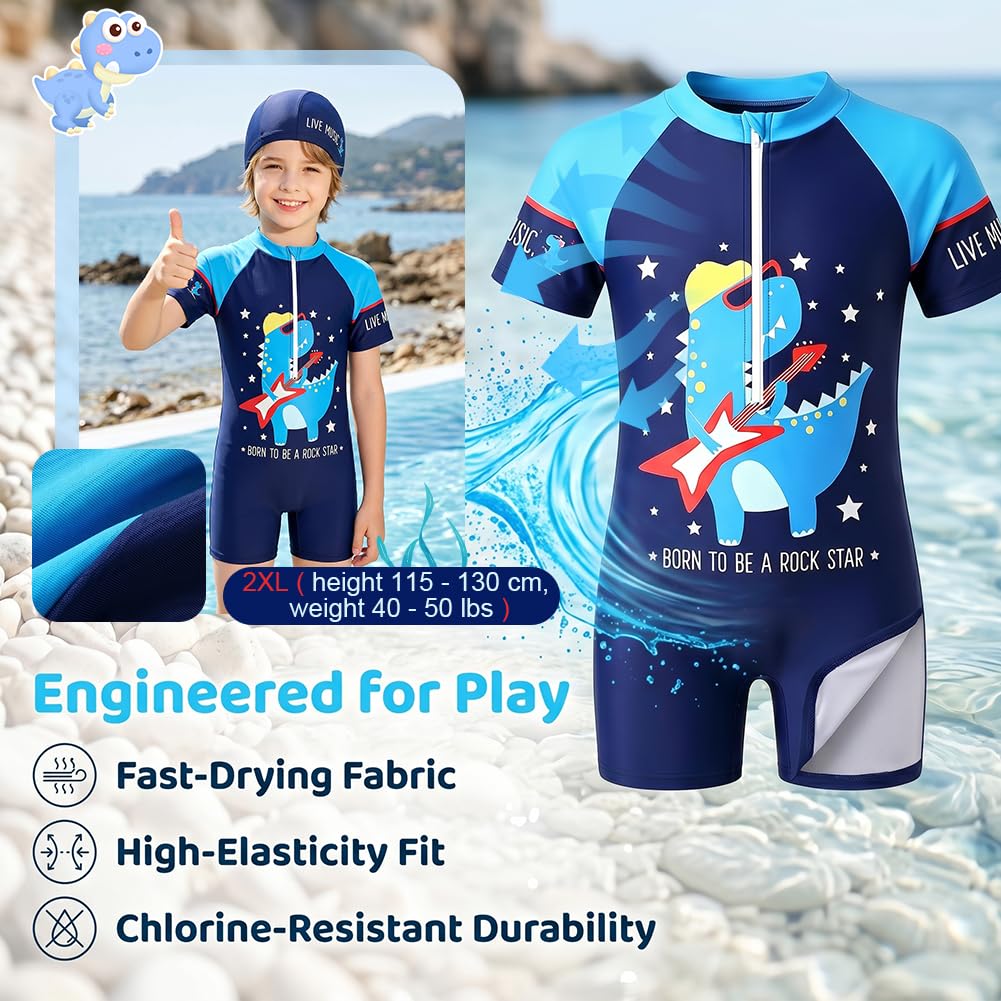Garçons Enfants Maillot de Bain avec Bonnet 1 Pièce Anti-UV UPF 50+ Enfants Garçons Costume de Bain zippé à Manches Courtes 4-6 Ans Bleu Marine