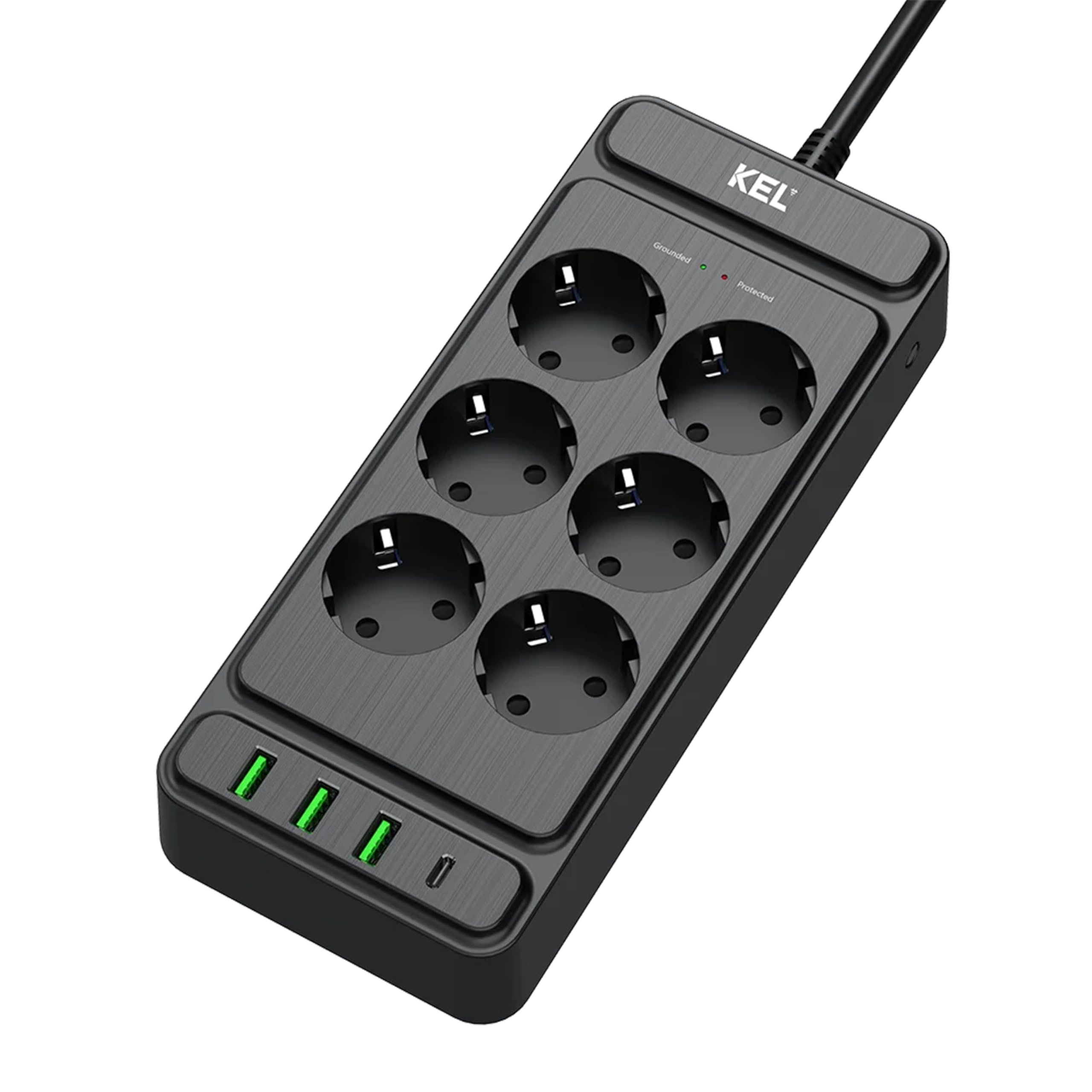 KEL Steckdosenleiste Mehrfachsteckdose Überspannungsschutz - 6 Steckdosen - 2p+Z USB A USB C 2 m Schwarz