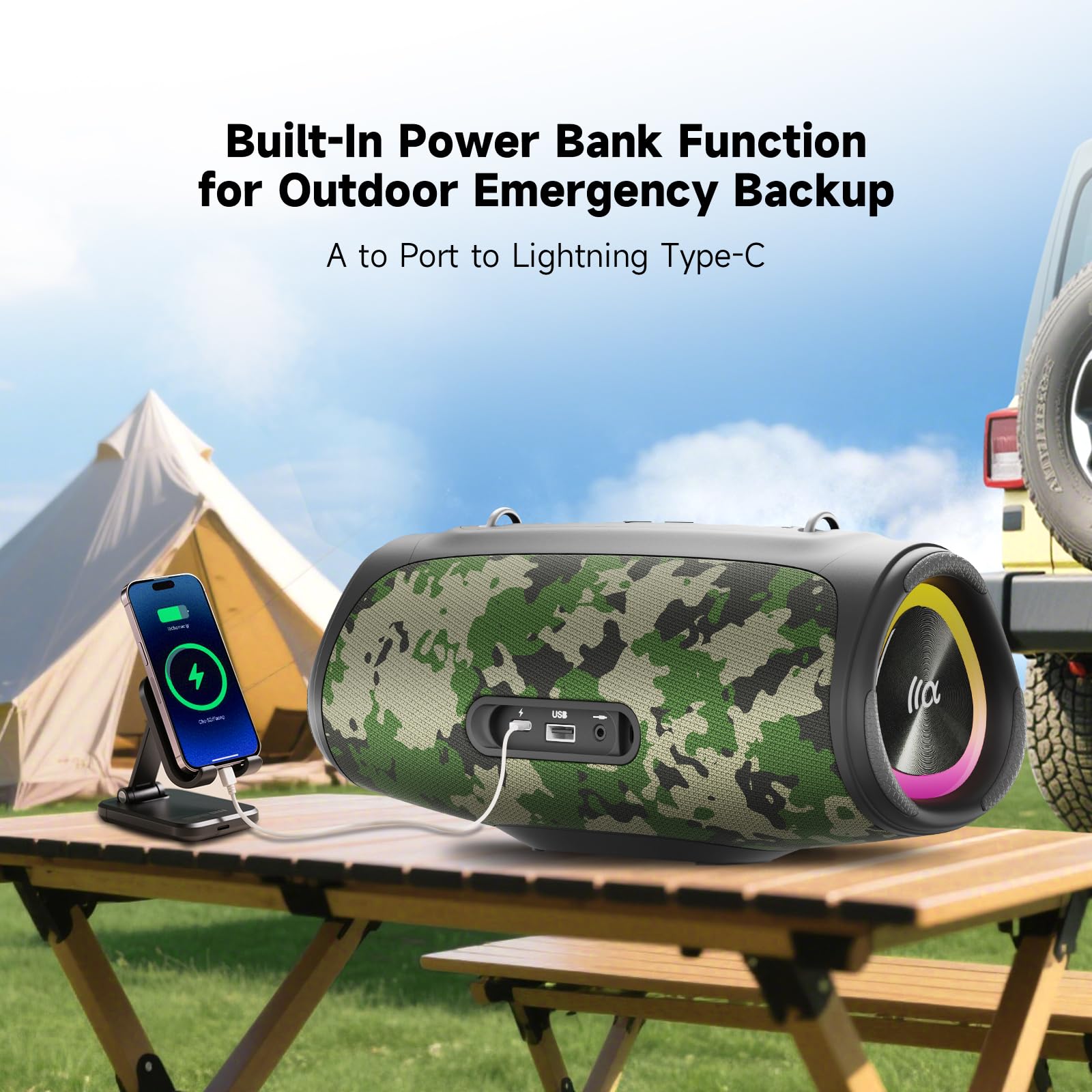 TAZATA - Altoparlante Bluetooth portatile da 60 W RMS, subwoofer da 90 W di picco alto, stereo wireless con suono HD, tempo di riproduzione 8H IPX7 impermeabile per feste in spiaggia (CAMO-60 W RMS/90