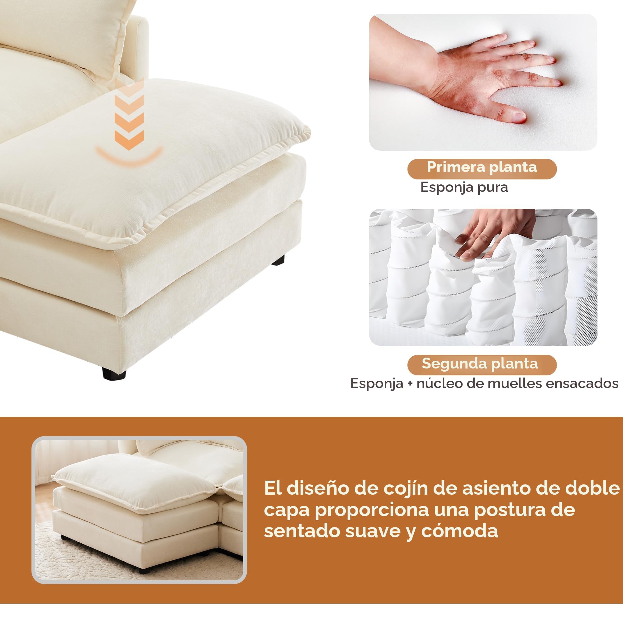 Kebnor Diseño moderno, muebles tapizados, tela de chenilla, sofá de tres plazas, sofá tapizado, sofá esquinero con reposapiés, sofá esquinero en forma de L, adecuado para salón y dormitorio (beige)