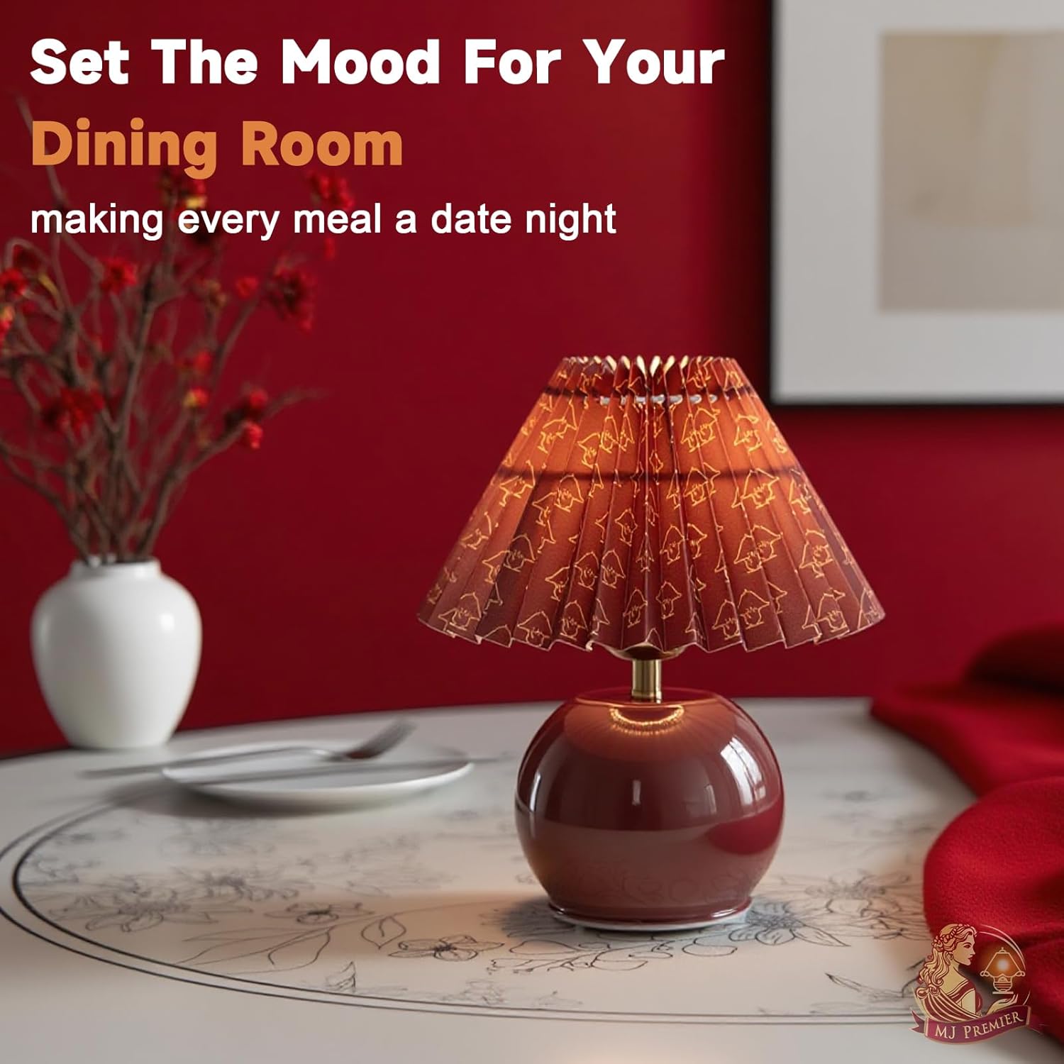 Rechargeable Table Lamp, Cordless Lamp with Glass Base, 3000K Warm Light, Battery Operated Lamps with E27 LED Bulb, Easy Assembly Pleated Lamps for Livingroom Tabletop Corner Shelf Decor (Red)