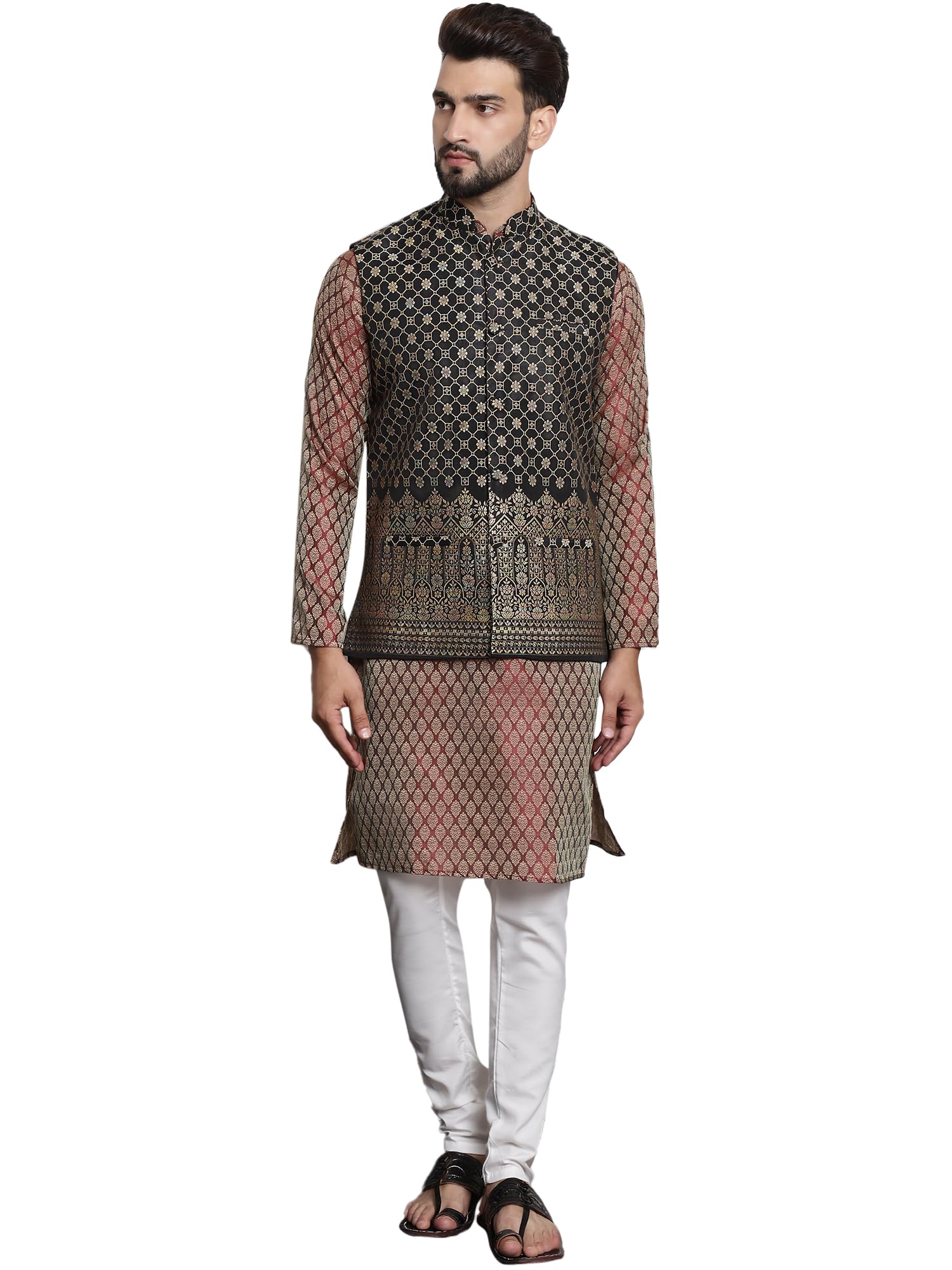 sojanya (Since 1958 Men's Jacquard Silk Kurta and Pyjama with Nehru Jacket-picture-10