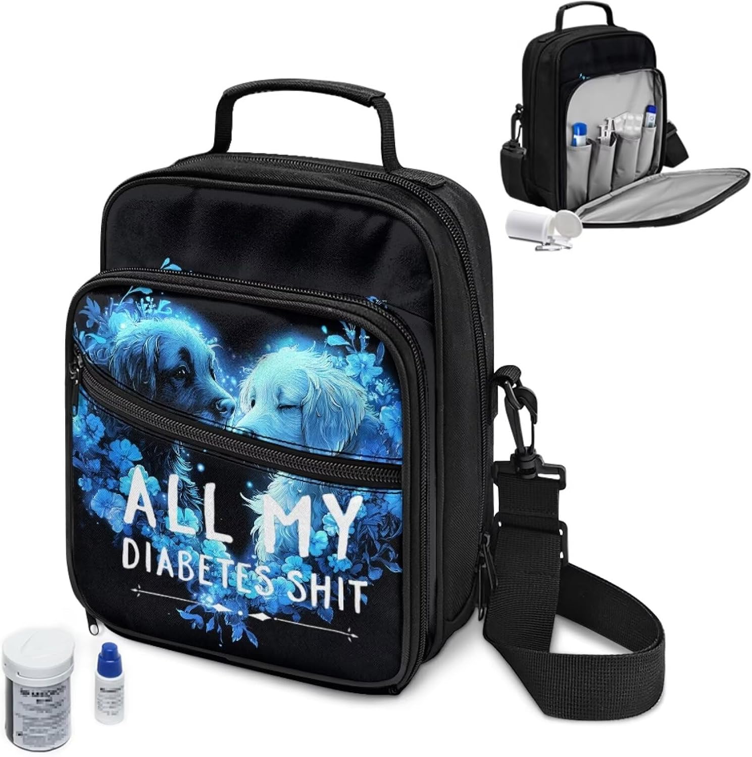 Rnyleeg Dog Diabetic Supplies Storage for Home Black Diabetic Carrying Case for Travel Large Capacity Insulin Bag for Women Men Portable Glucose Meter Cases with Handle and Strap