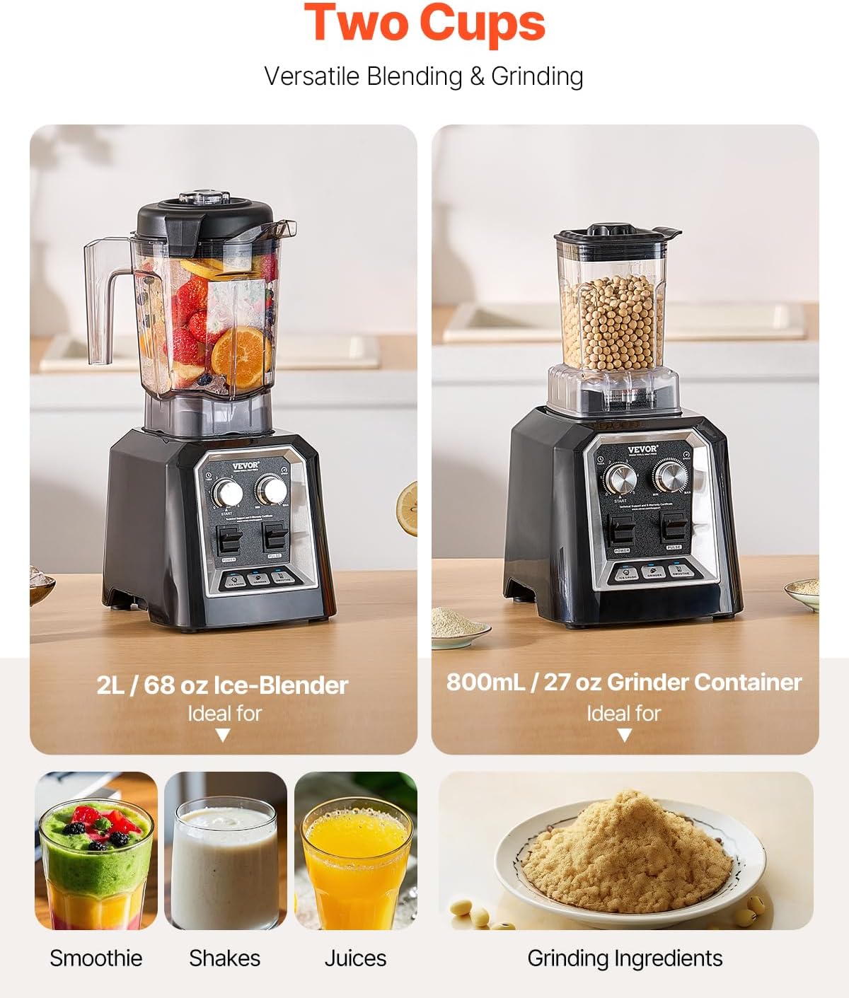 VEVOR Blender for Smoothies, 68 oz 1400W, Professional Blender with Powerful Motor, Multi-Functional Food Processing Blenders with Grinder Container for Smoothie/Milkshake/Juice, Fits for Kitchen