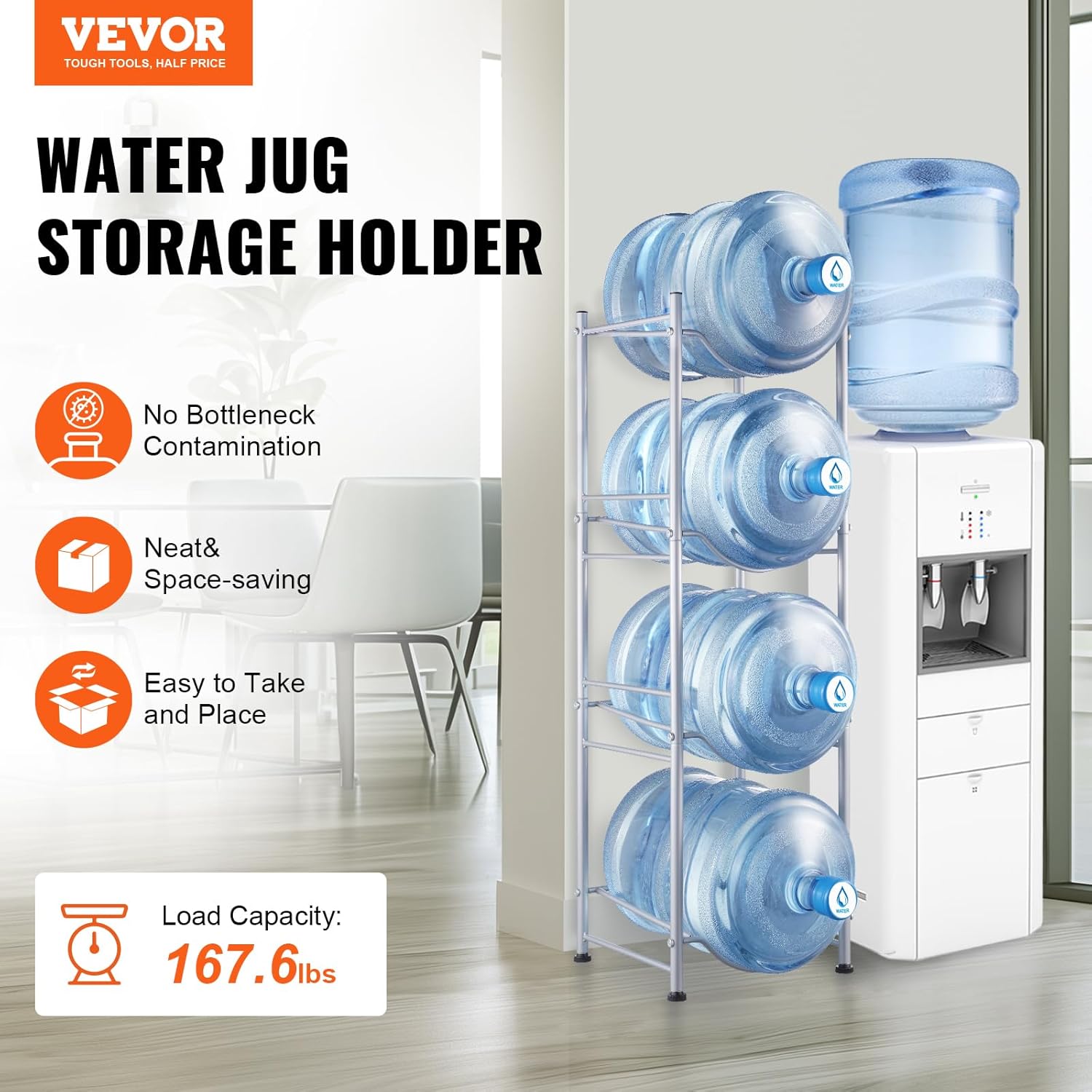 VEVOR 4 Tiers Water Jug Holder, 5 Gallon Water Bottle Holder, Single Row Water Bottle Rack for 4 Bottles, Heavy Duty Water Jug Rack for Kitchen, Office, Living Room, Silver - Image 2