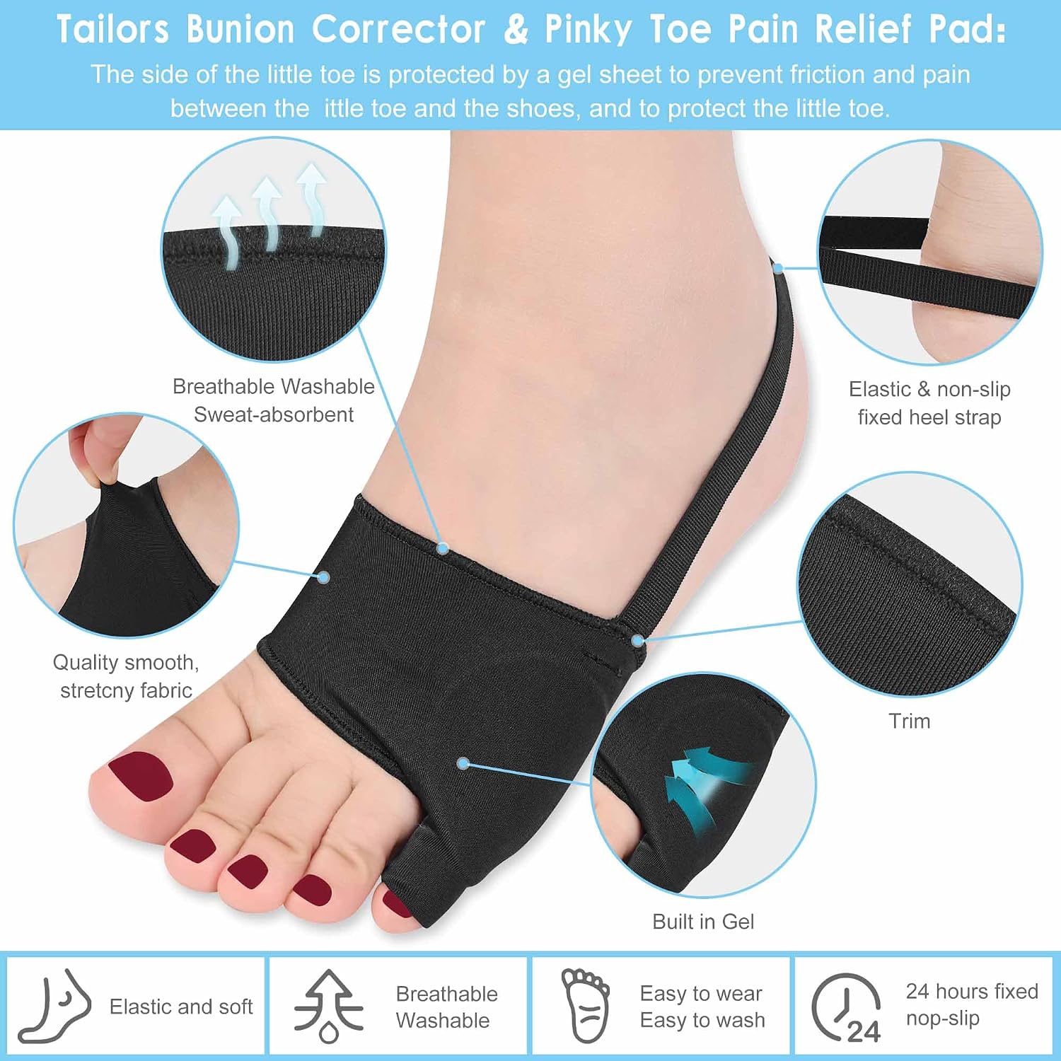 Tailors Bunion Sock 1Pair (Black-M/L) Bunionette Sleeves Built-in Gel Pads Silicone Cover Guard With Non-slip Strap to Prevented Bunion Pinky Toe Pain, Treatment Bunionette,Overlapping toe