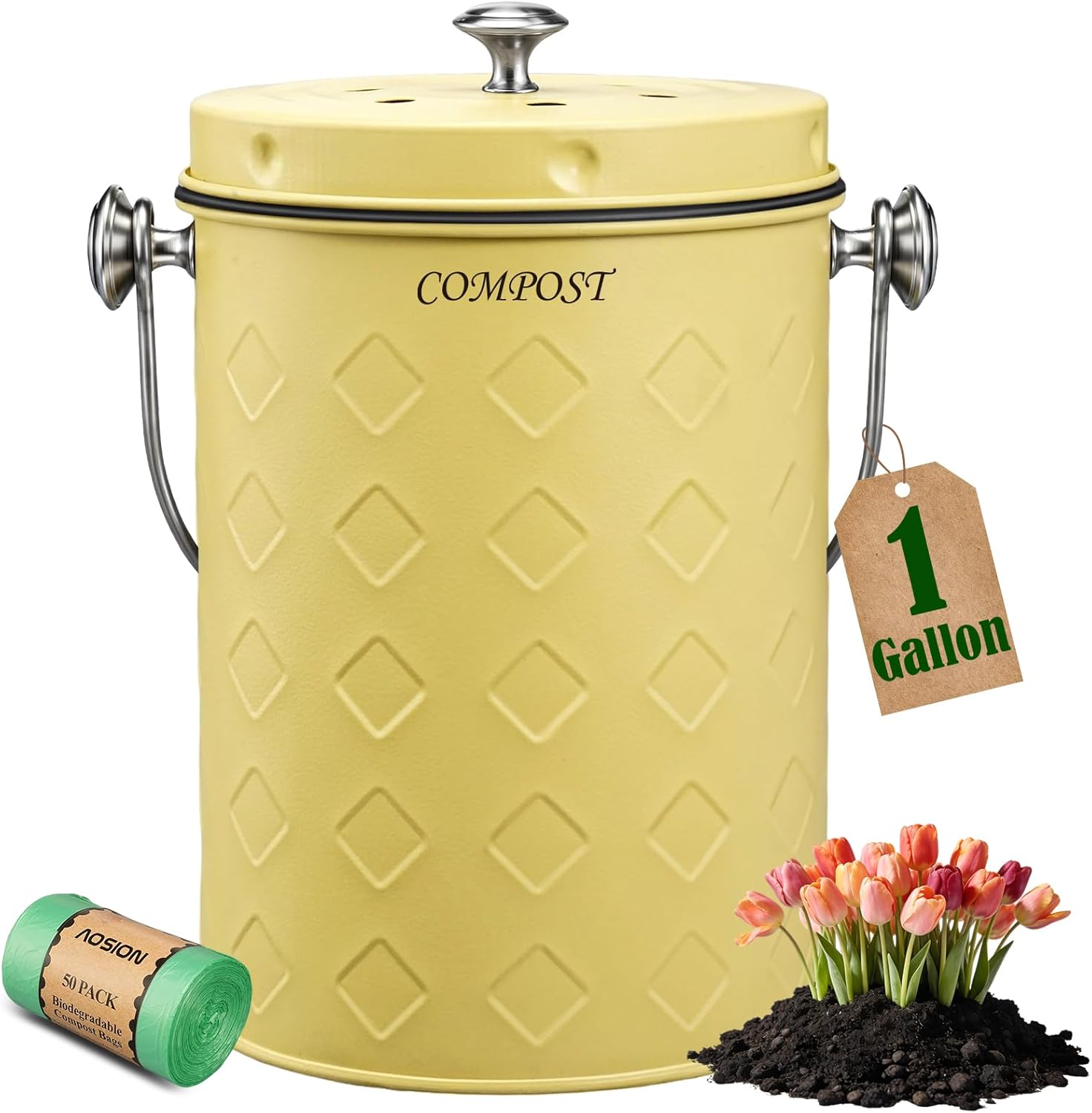 AOSION Countertop Compost Bin Kitchen,Odorless Indoor Compost Bin with Lid,Farmhouse Composter Container for Food Waste,Includes 2 Carbon Filters, Small Compost Bucket,Trash Bags (Modern, Yellow)