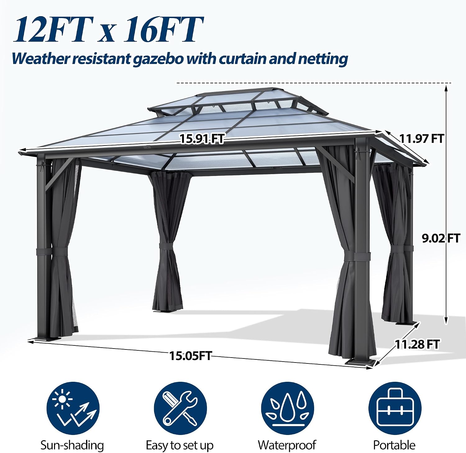 COVERONICS 12FT x 16FT Patio Polycarbonate Hardtop Gazebo with Steel Frame - Outdoor Translucent Double Roof Gazebo with Netting & Curtains for Lawn, Garden, Backyard, Poolside