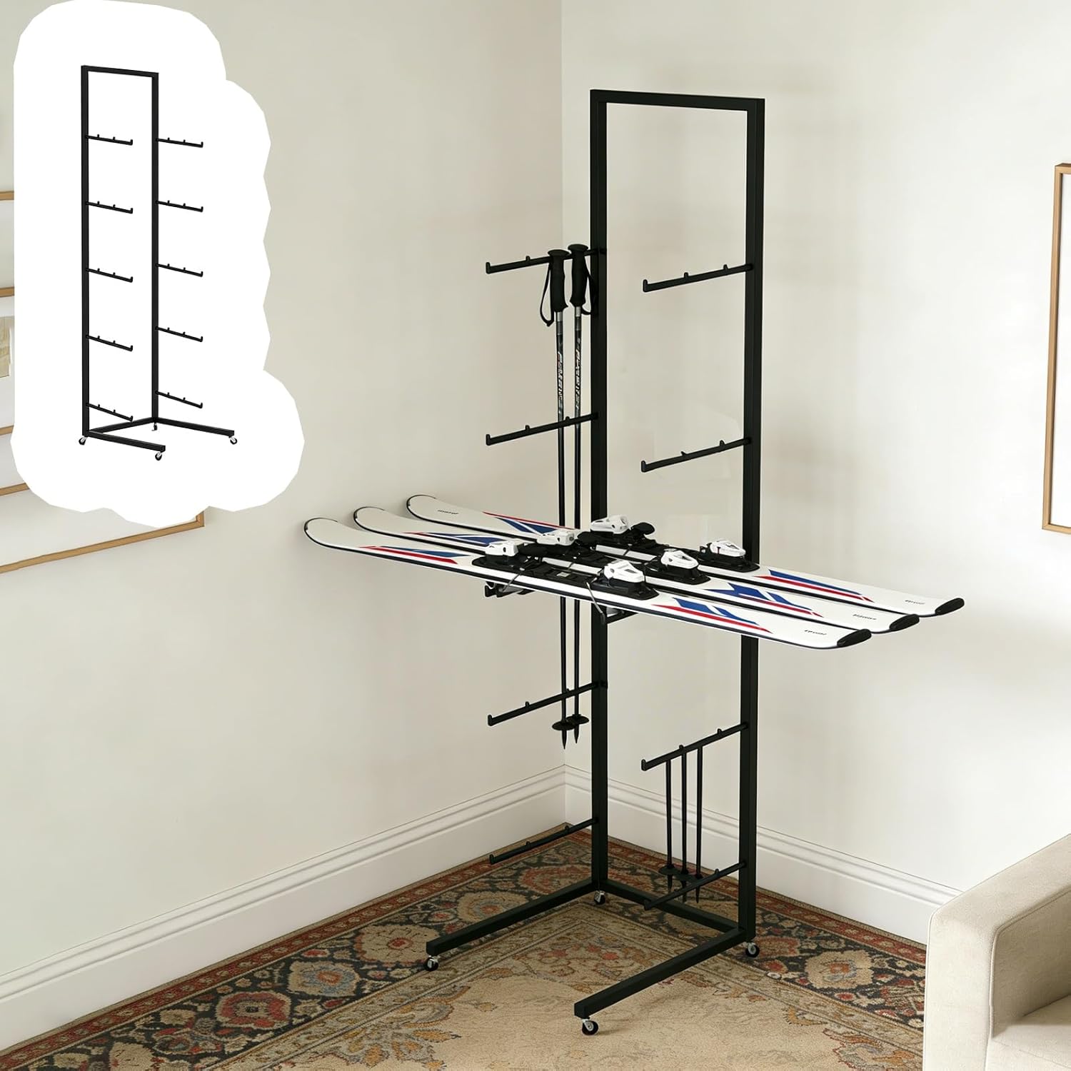 Floor-Standing Rolling Ski Rack, Longboard Holder for Storage Downhill Skiing Poles/Items/Skis, Multi-Purpose Snowboard Organizer Shelf(5 Layer)