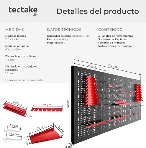 tectake® 3-Panel Pegboard, incl. Hooks & Holders, Wall-Mounted Tool Organiser with Universal Hole Spacing & Easy, Flexible Installation, Space-Saving Tool Storage Organiser for Garage, Shed & Workshop - 6
