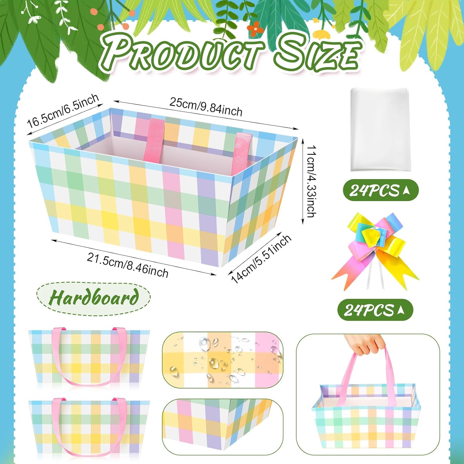 Funnymoom 24 Pcs Easter Basket for Gifts Empty Easter Plaid Gift Basket Empty to Fill with Handle, Transparent Bag and Bow for Spring Wedding Birthday Party Favor Supplies, 9.8 x 6.5 x 4.3'' - Image 3