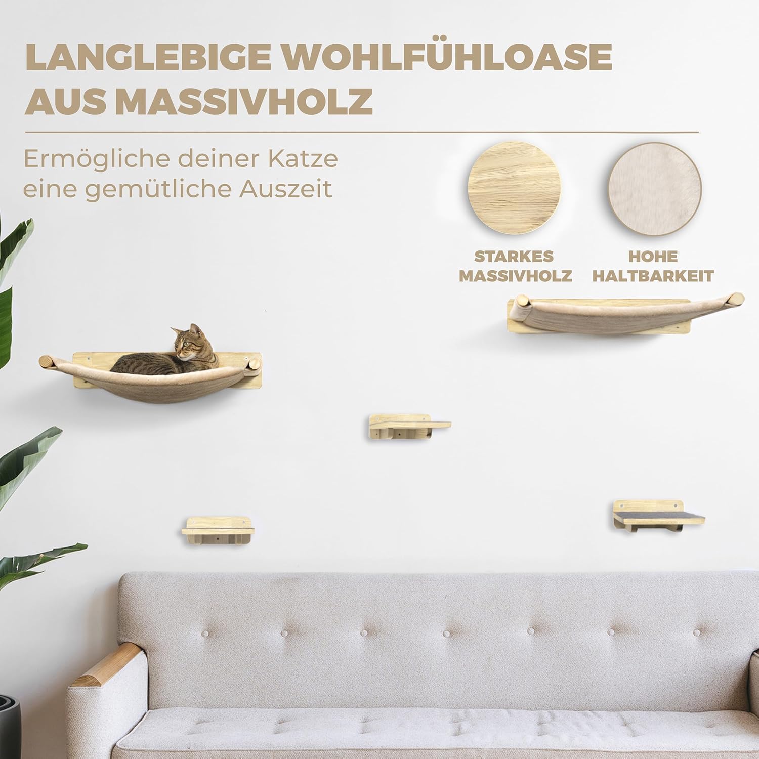 WOOWOOD® 2X Kletterwand Katzen - 3X Katzentreppe Wand- Kratzbaum Wand - Hängematte Katze - Wandkratzbaum - Katzenmöbel - Katzenwand - Katzen Kletterwand Set - Naturhell