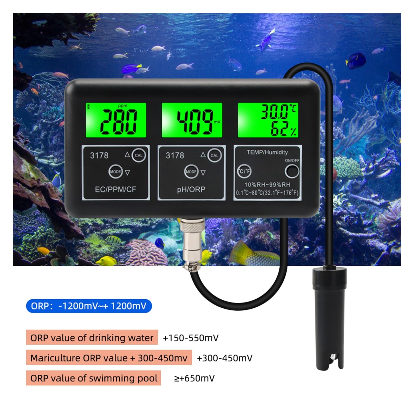 Medidor de PH Digital multifunción 7 en 1, temperatura humedad ORP TDS EC CF, probador pureza calidad del agua, Monitor for piscina acuario, Probador preciso(Plug-01)