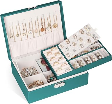 Jewelry Box for Women Girls, 2 Layers Jewelry Organizer Container with Lock, PU Leather Storage Case with Removable Tray, Jewelry Display Box for Necklaces Earrings Bracelets Rings Watches Green