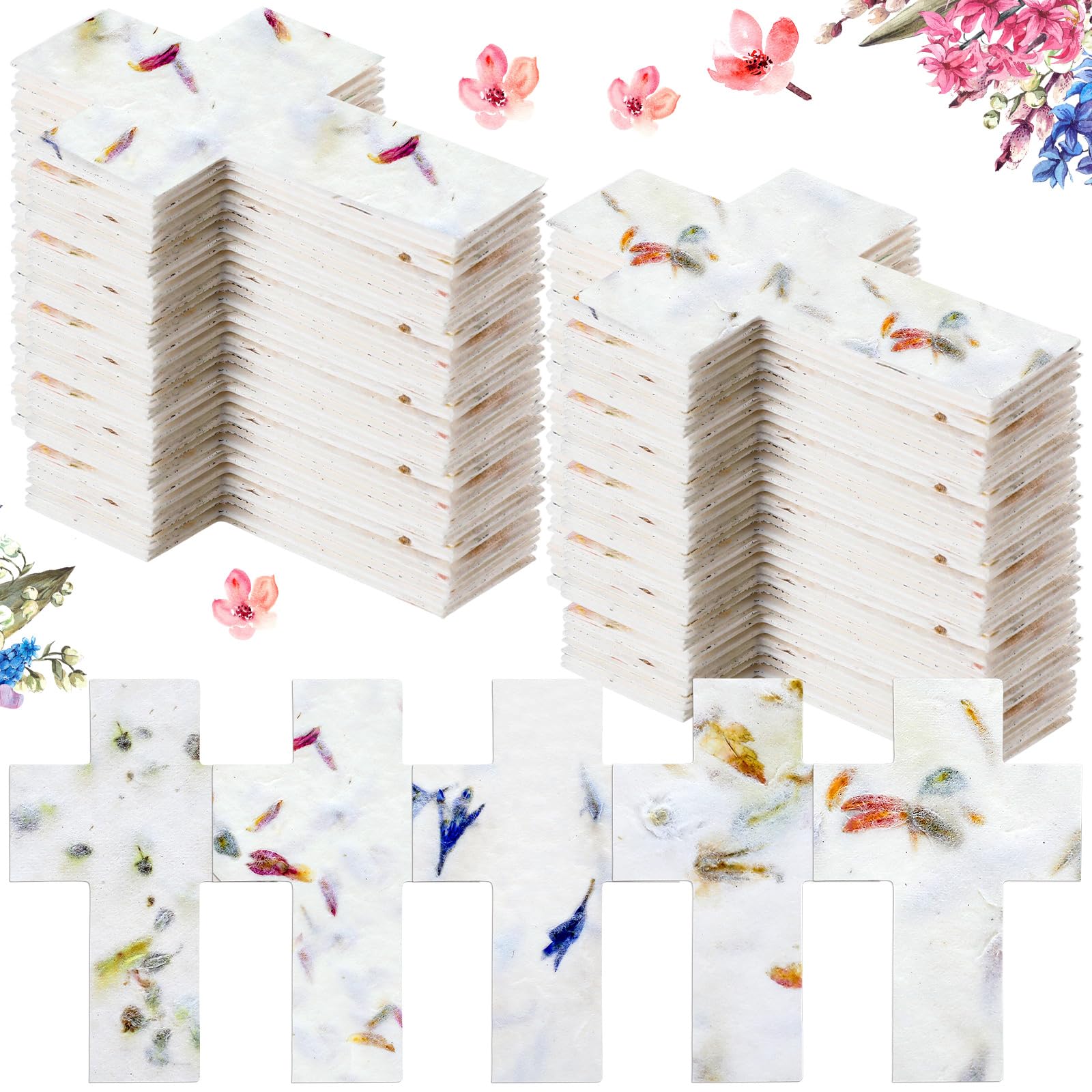 Dunzoom 50 Pcs Handmade Seed Paper Plantable Wildflower Seed Paper Recycled Flower Petals Tags Wedding Favors for Guests Craft Gifts Cards for Envelope Birthday Party, 5 Styles (Cross)