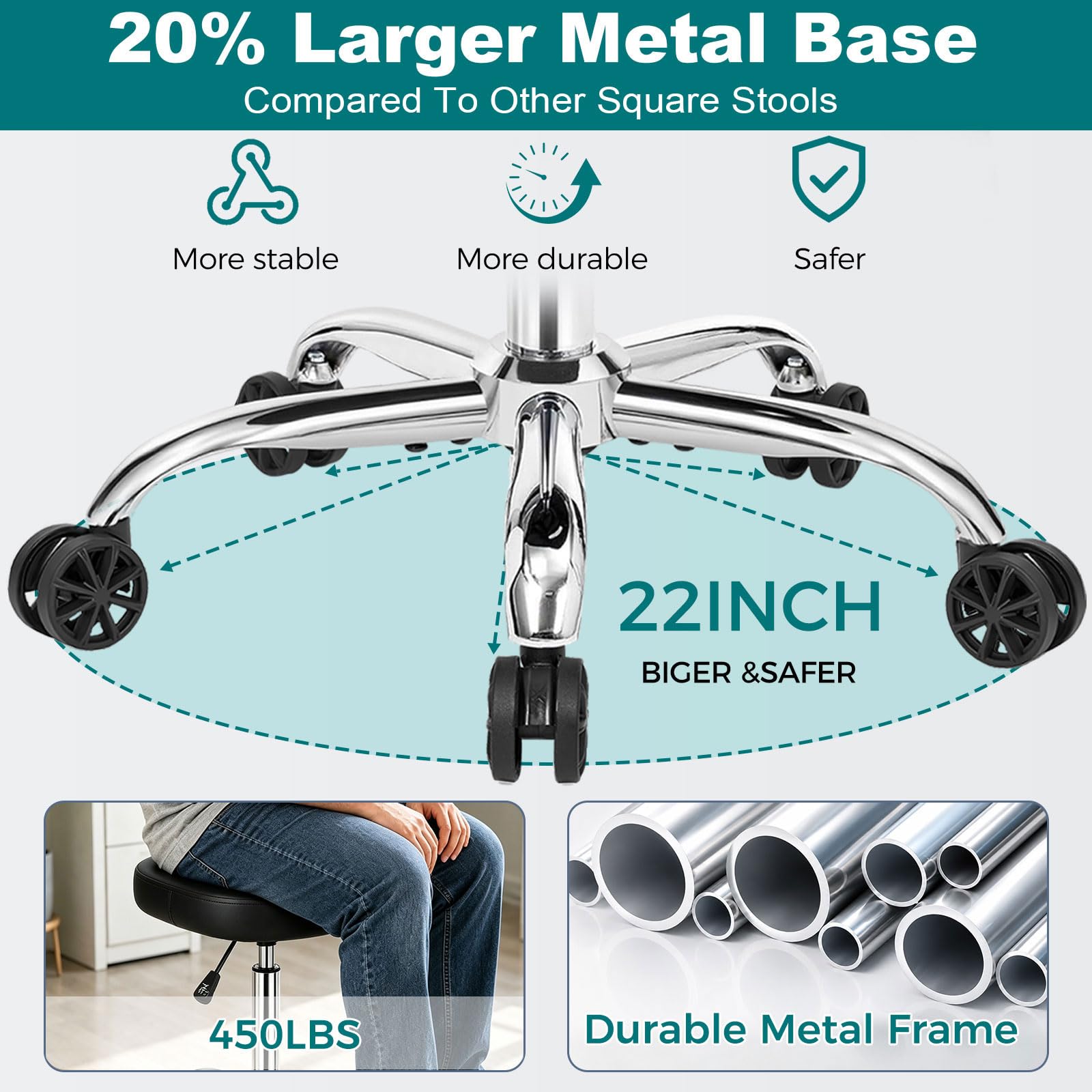 Black Rolling Stool with Wheels, 450 lb Heavy-Duty Adjustable Swivel Stool